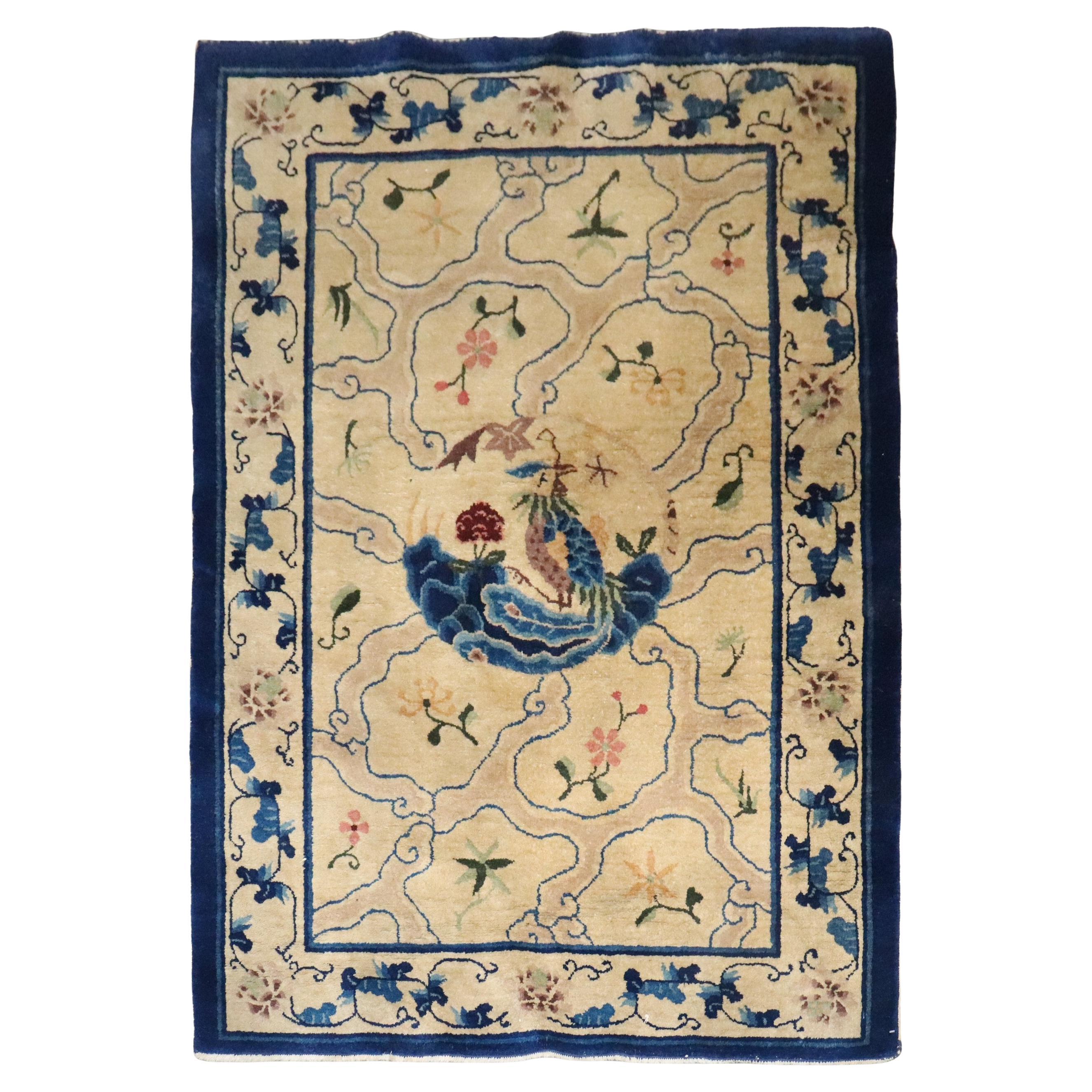 Zabihi Collection Cream and Blue Chinese Rug For Sale