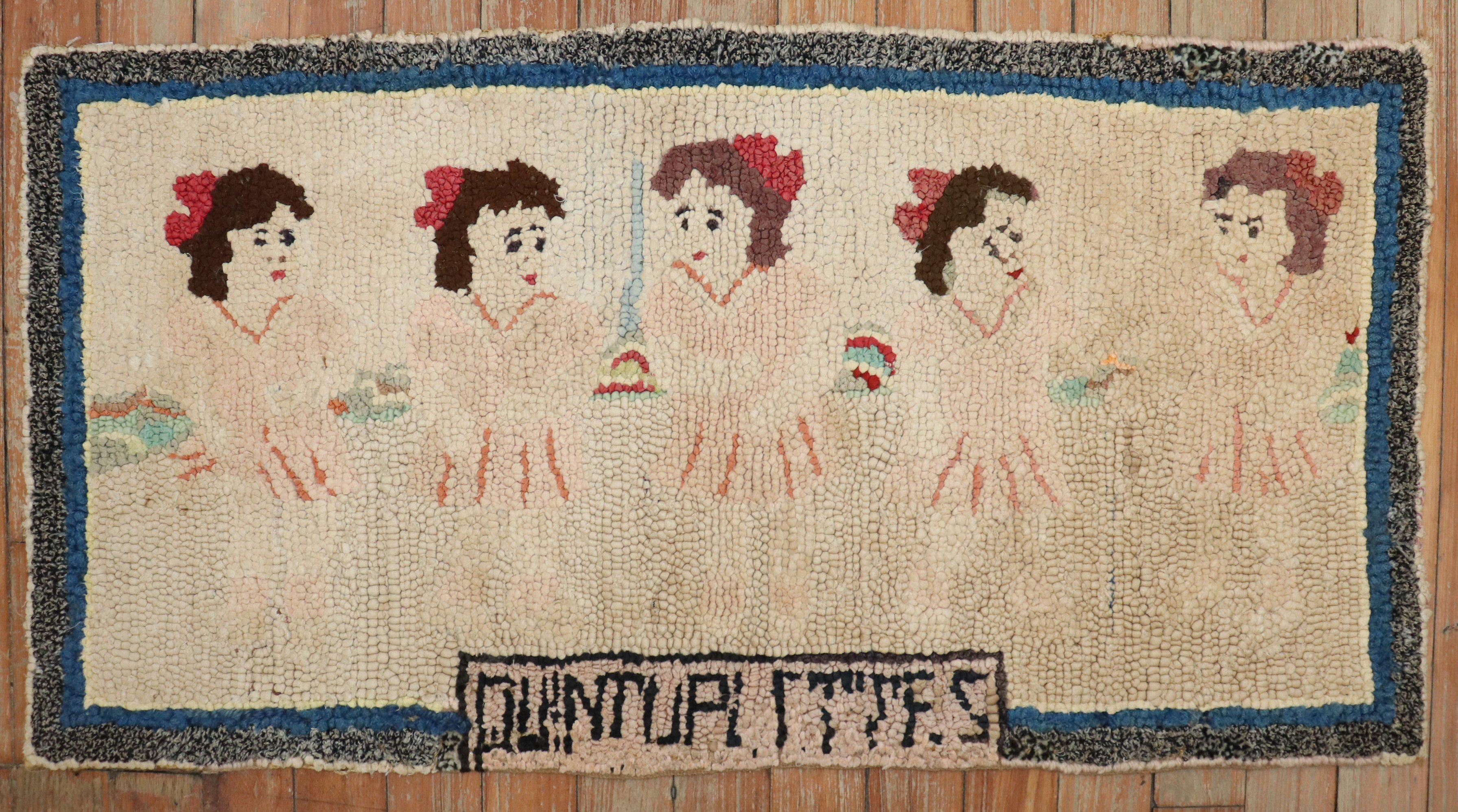 una alfombra de ganchillo estadounidense de principios del siglo XX que representa a las quintillizas Dionne.  Los quintillizos nacieron el 28 de mayo de 1934 y son los primeros que sobreviven a su infancia. Las niñas idénticas nacieron en las