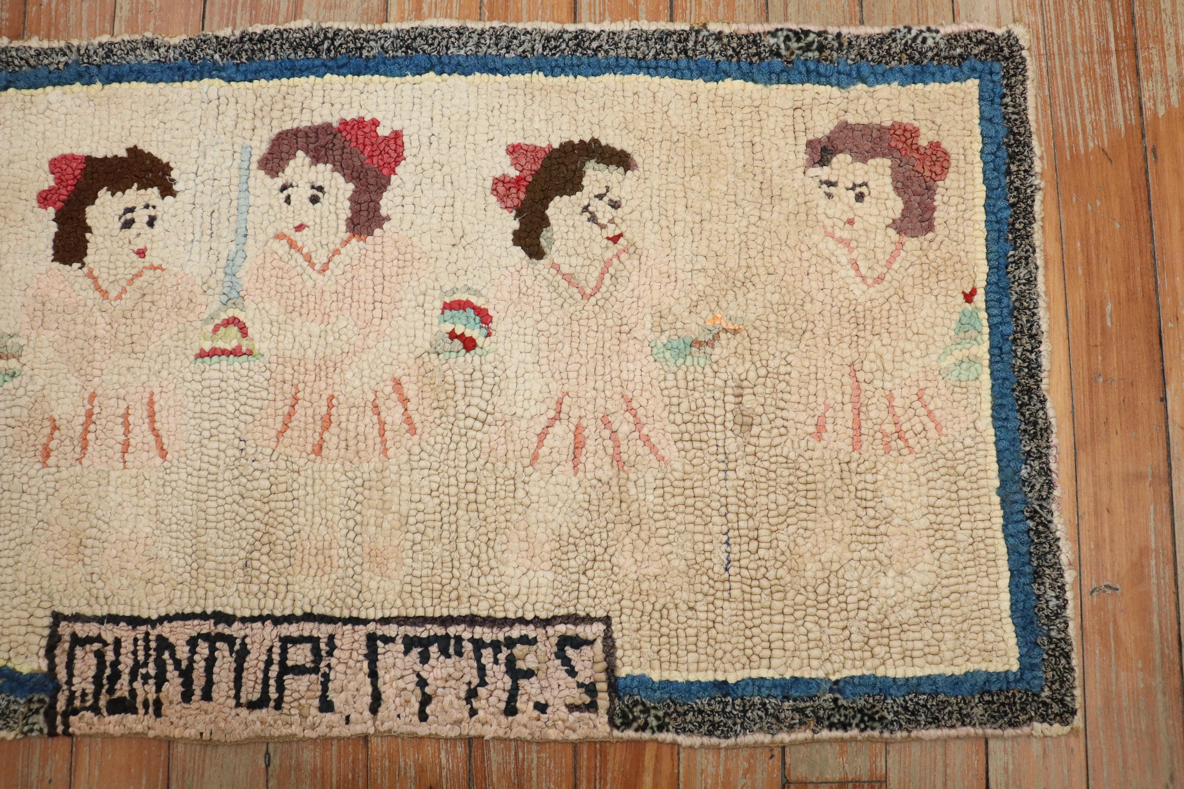 Zabihi Collection Dionne quintuplets Alfombra Americana Antigua Enganchada Tamaño Estera Estadounidense en venta