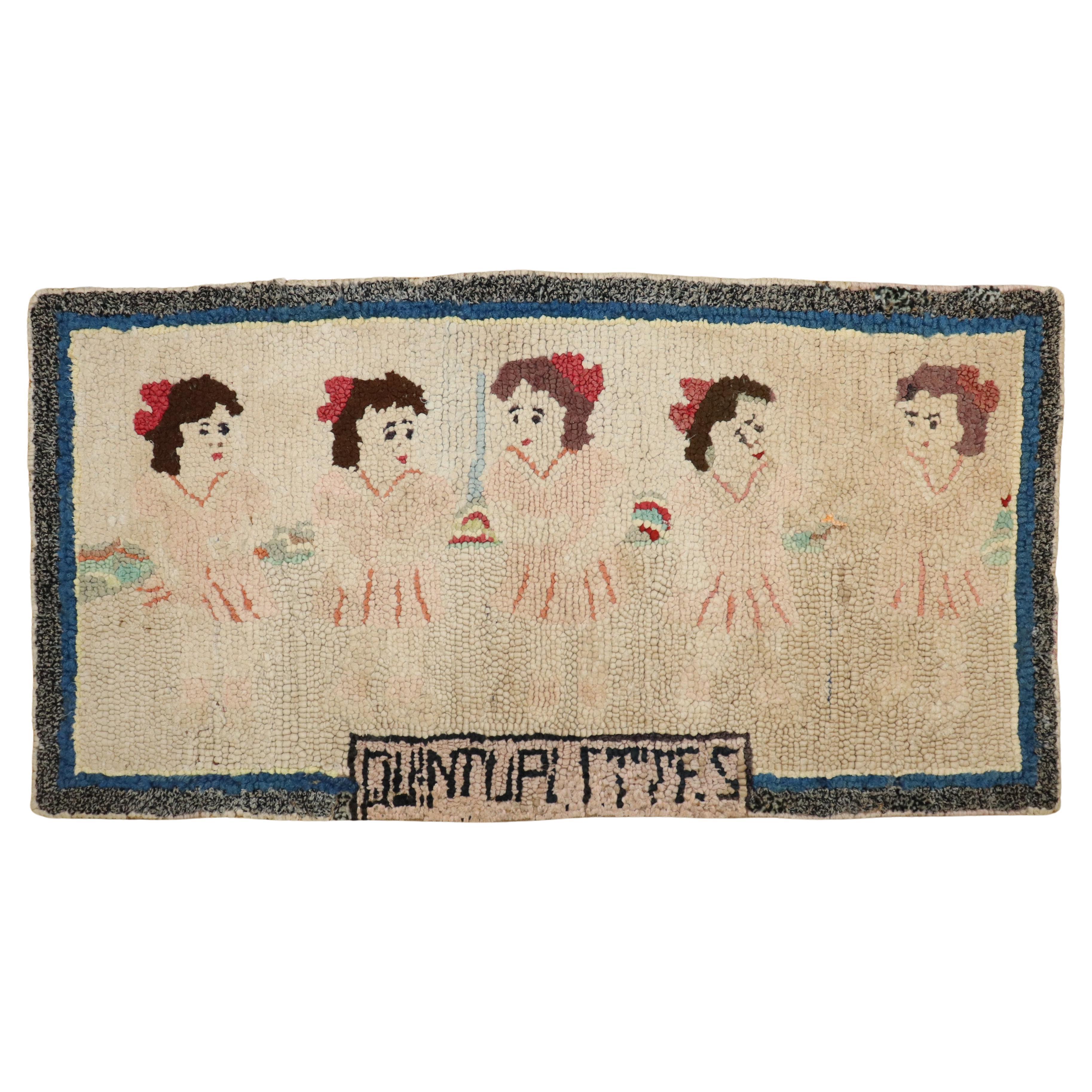 Zabihi Collection Dionne quintuplets Antique American Hooked Mat Size Rug