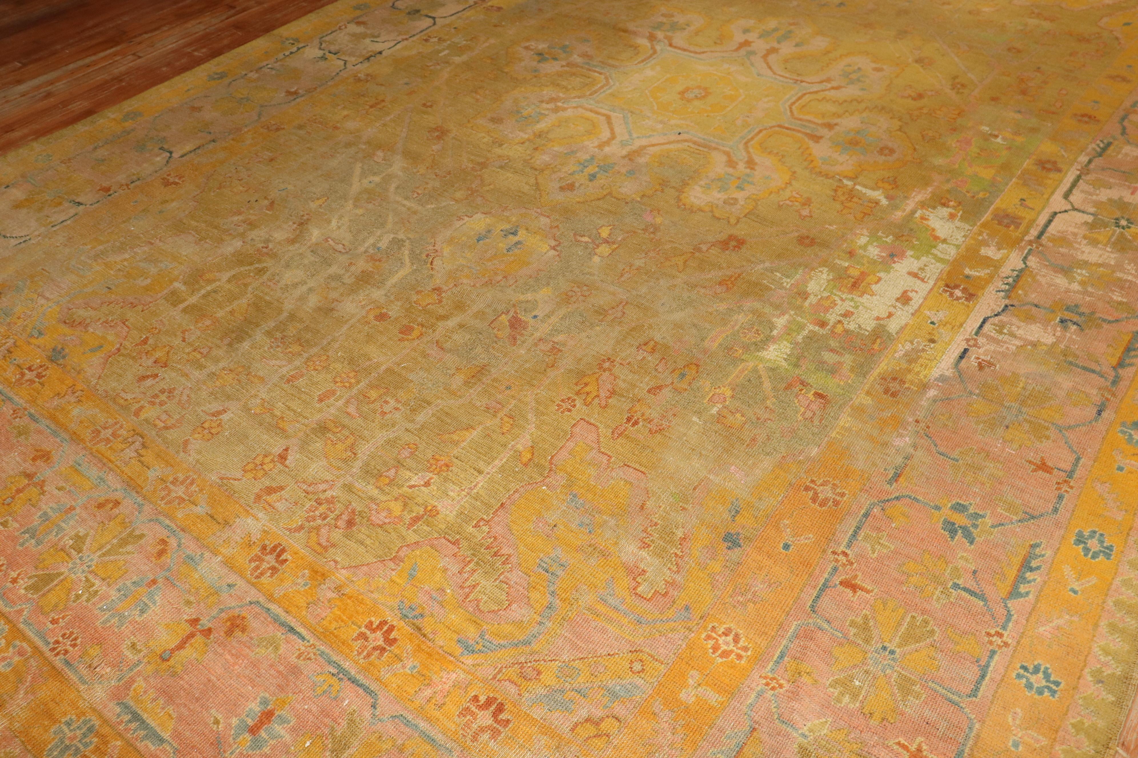 Zabihi Collection Distressed Colorful Antique Turkish Oushak 19th Century Rug For Sale 5