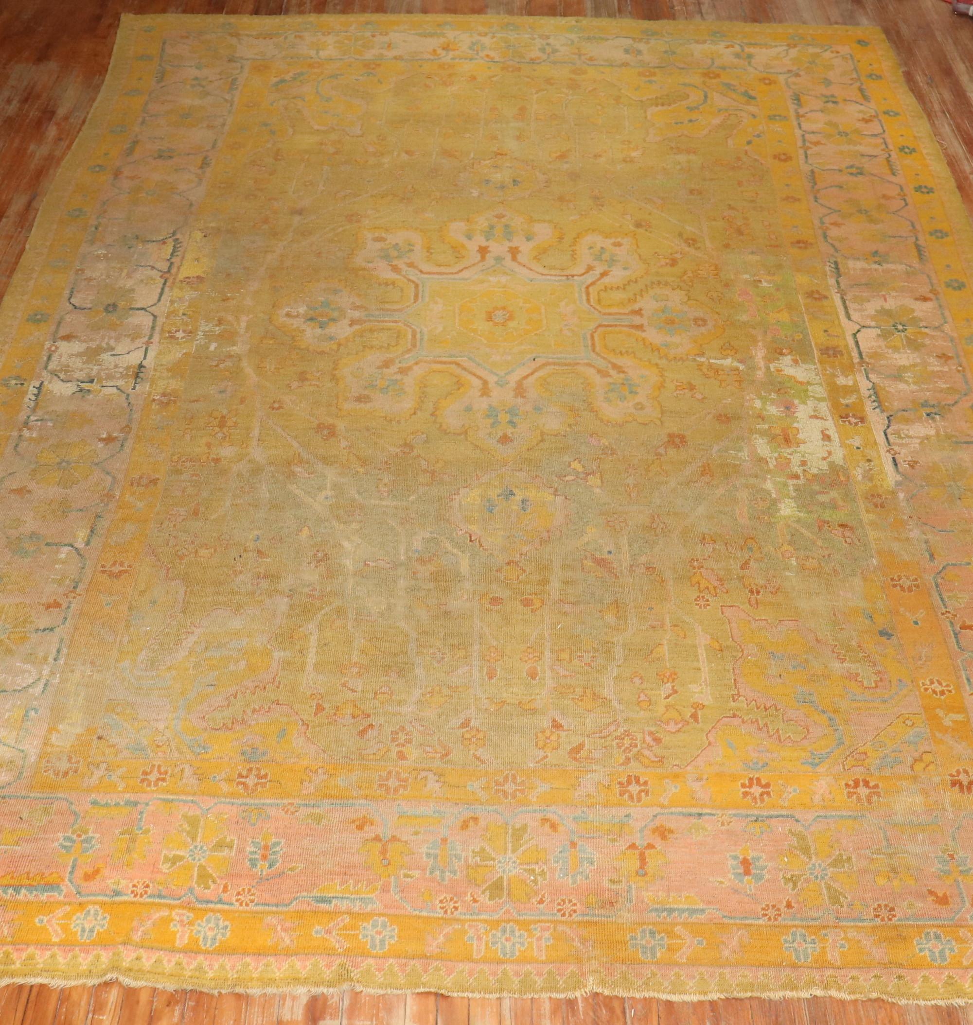 Zabihi Collection Distressed Colorful Antique Turkish Oushak 19th Century Rug For Sale 11