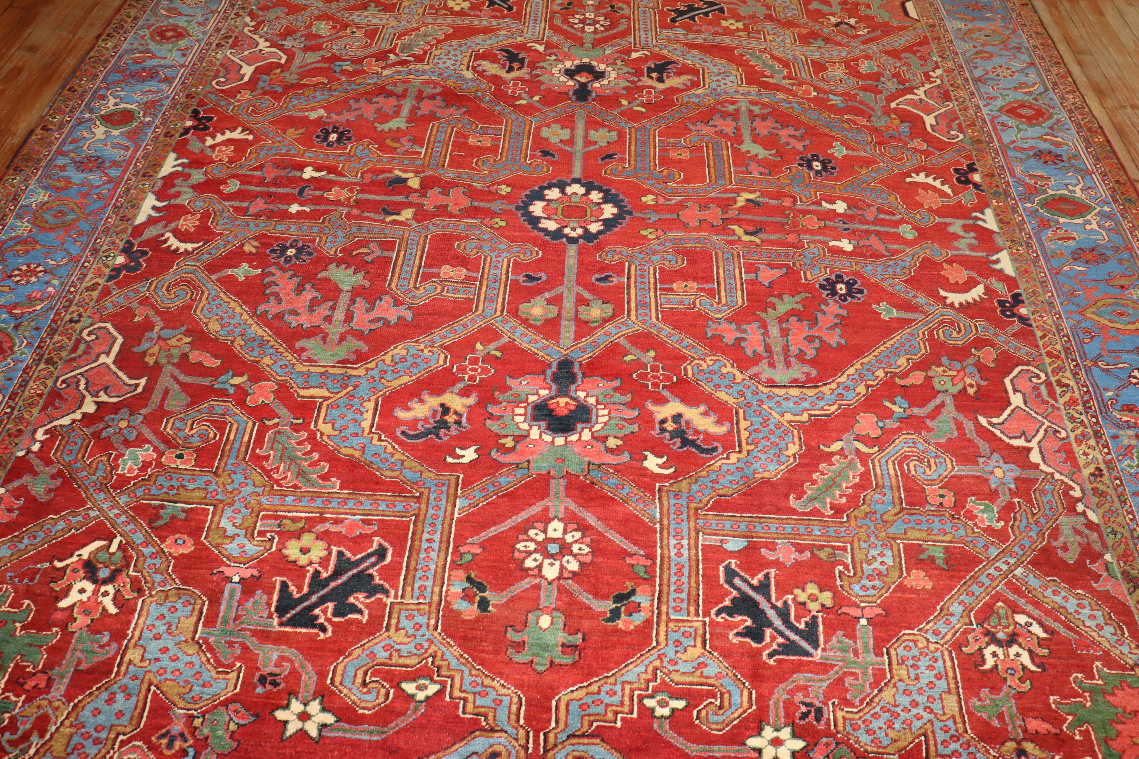 Wool Zabihi Collection Dragon Red Field Antique Heriz Serapi Rug For Sale