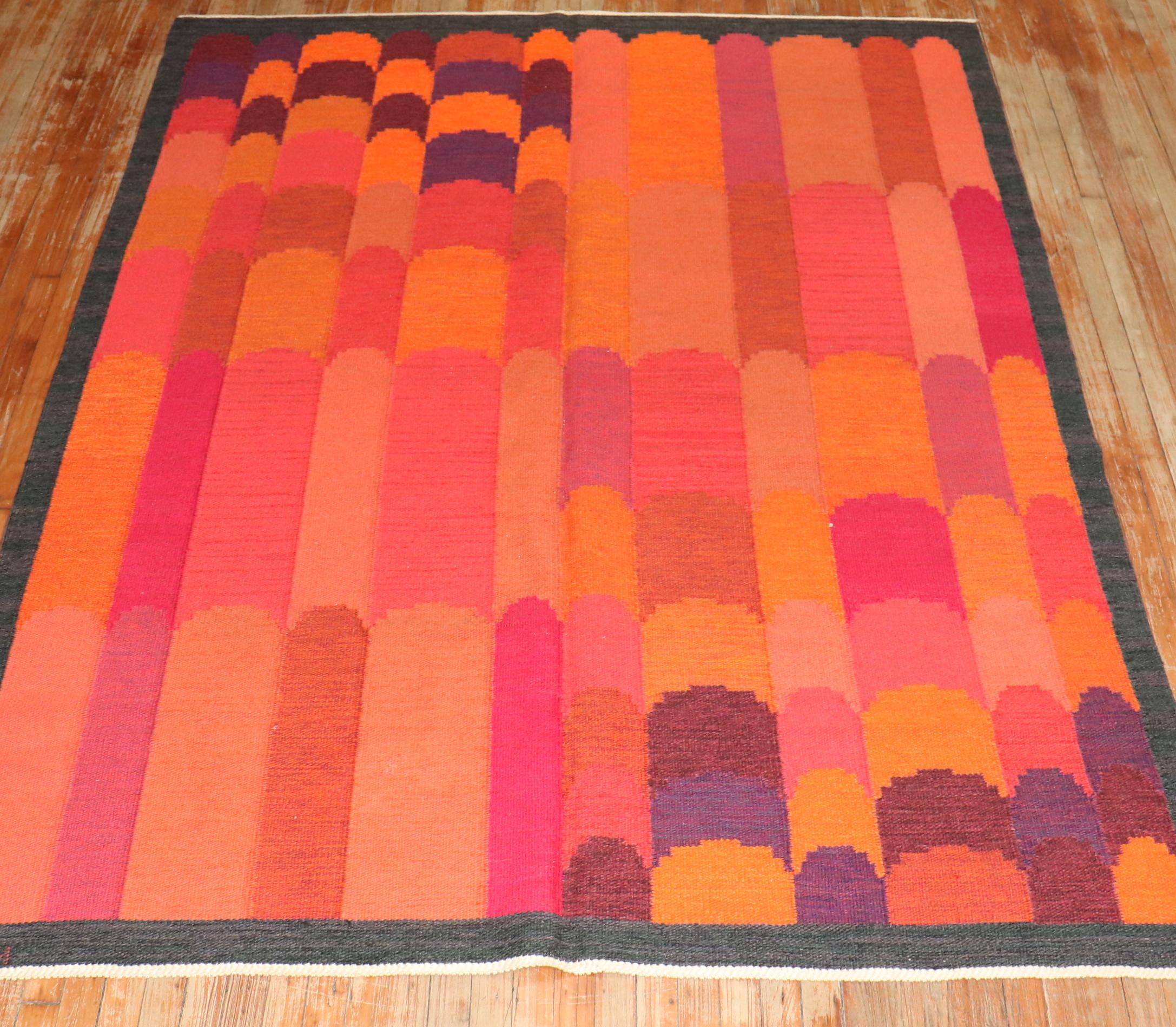 This dramatic vintage rollaken kilm  rug was woven in Kronoborgs Lans Hemslojd-Kristianstad by Irma Kronlund in 1955

Measures: 6'6'' x 8'7