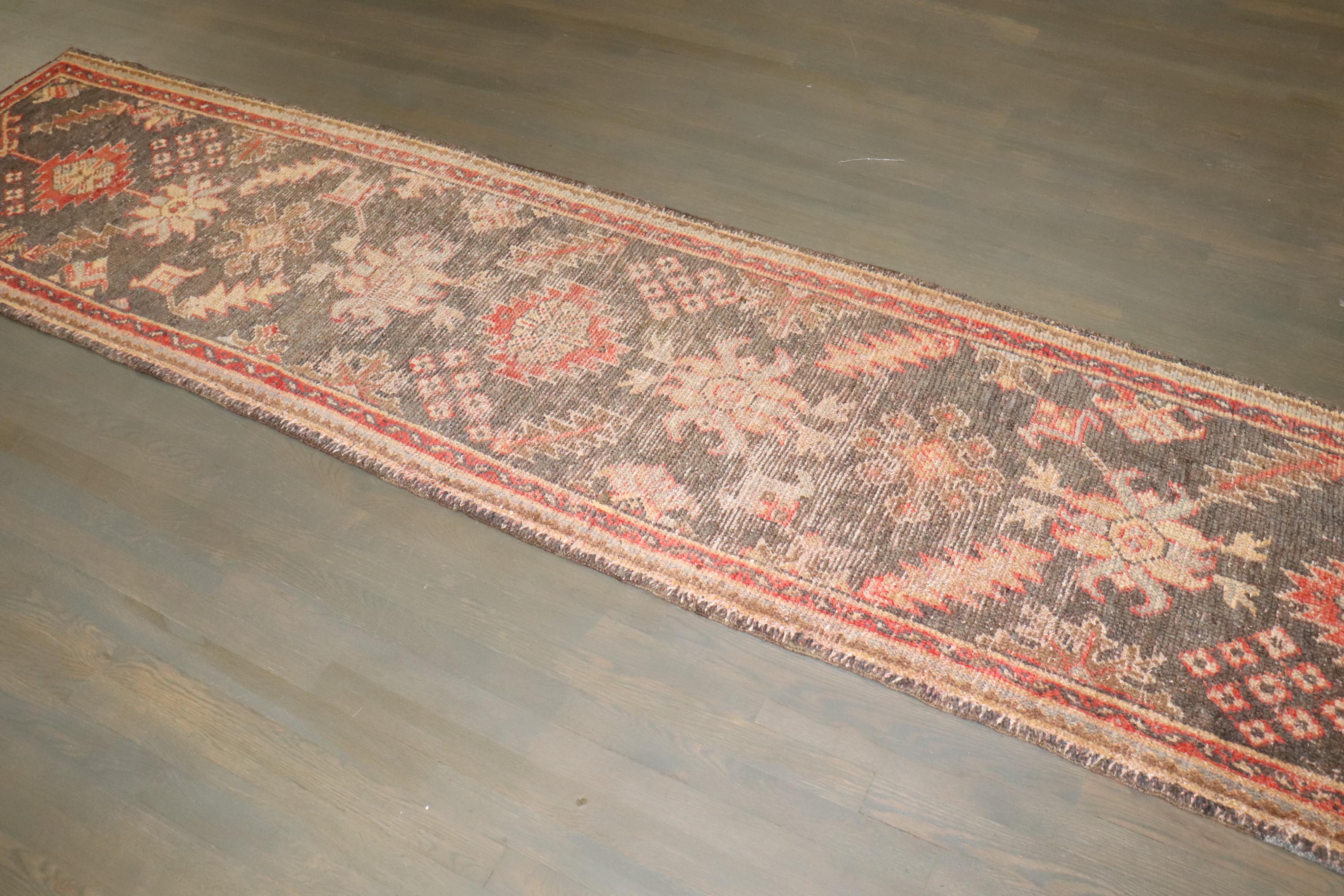 Zabihi Collection Early 20th century Brown Turkish Oushak Narrow Runner In Good Condition For Sale In New York, NY