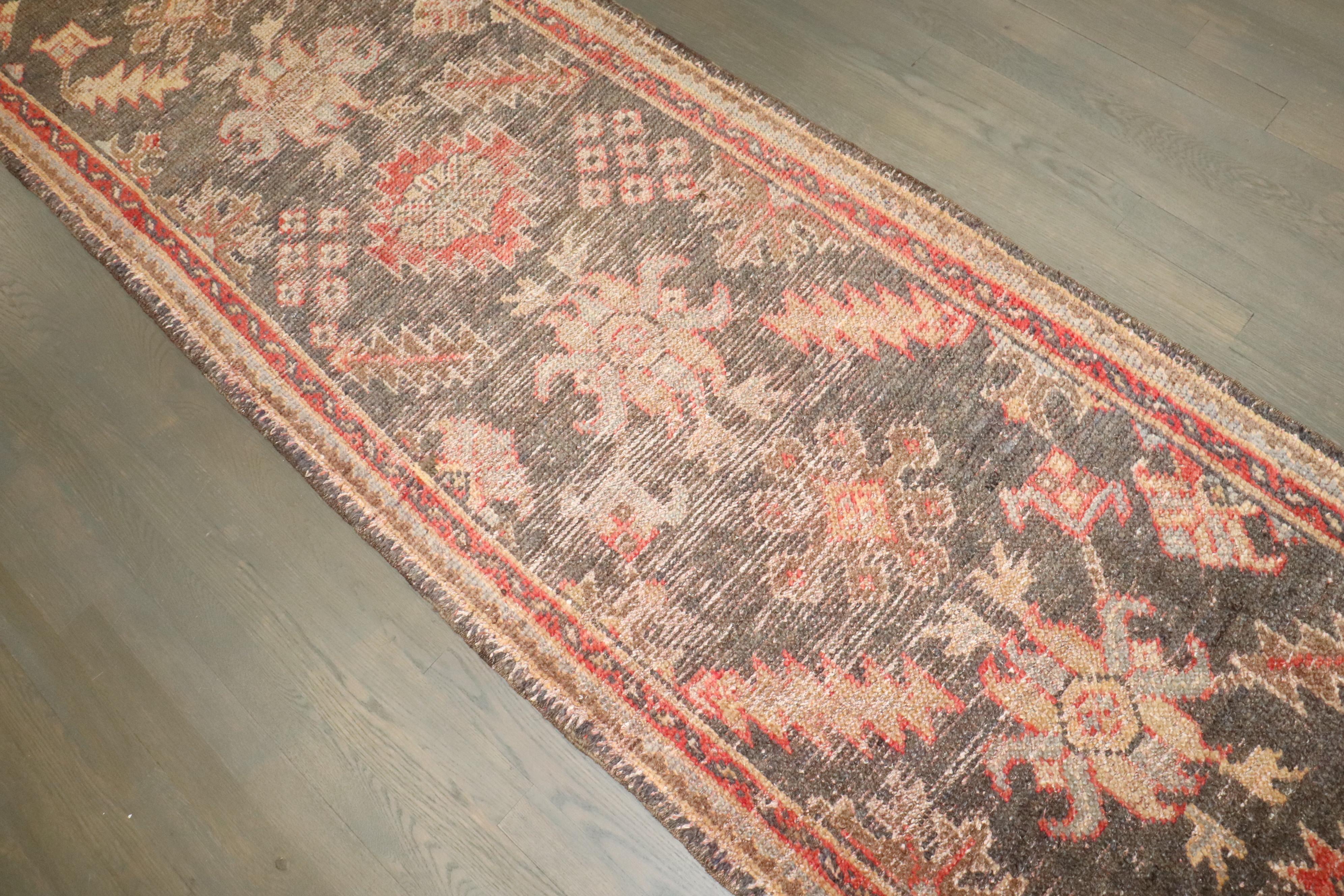 Wool Zabihi Collection Early 20th century Brown Turkish Oushak Narrow Runner For Sale