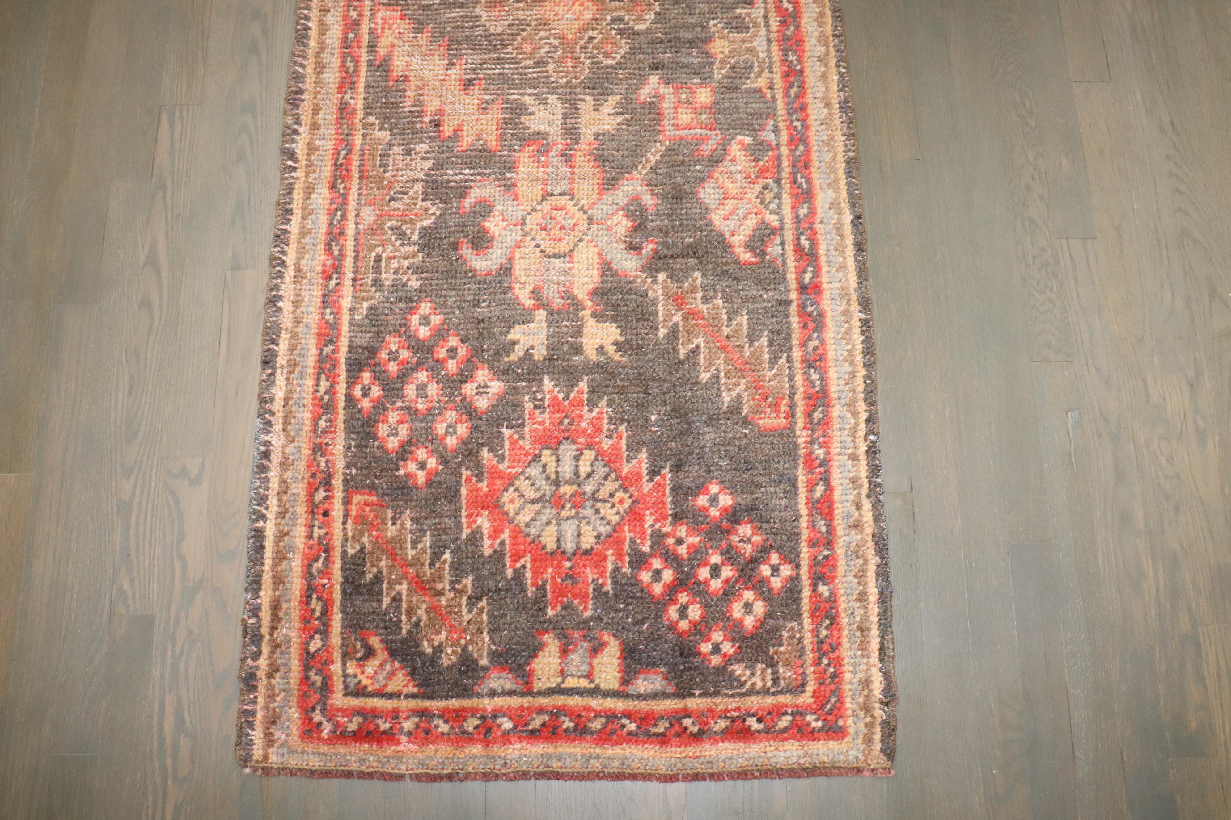 Zabihi Collection Early 20th century Brown Turkish Oushak Narrow Runner For Sale 1