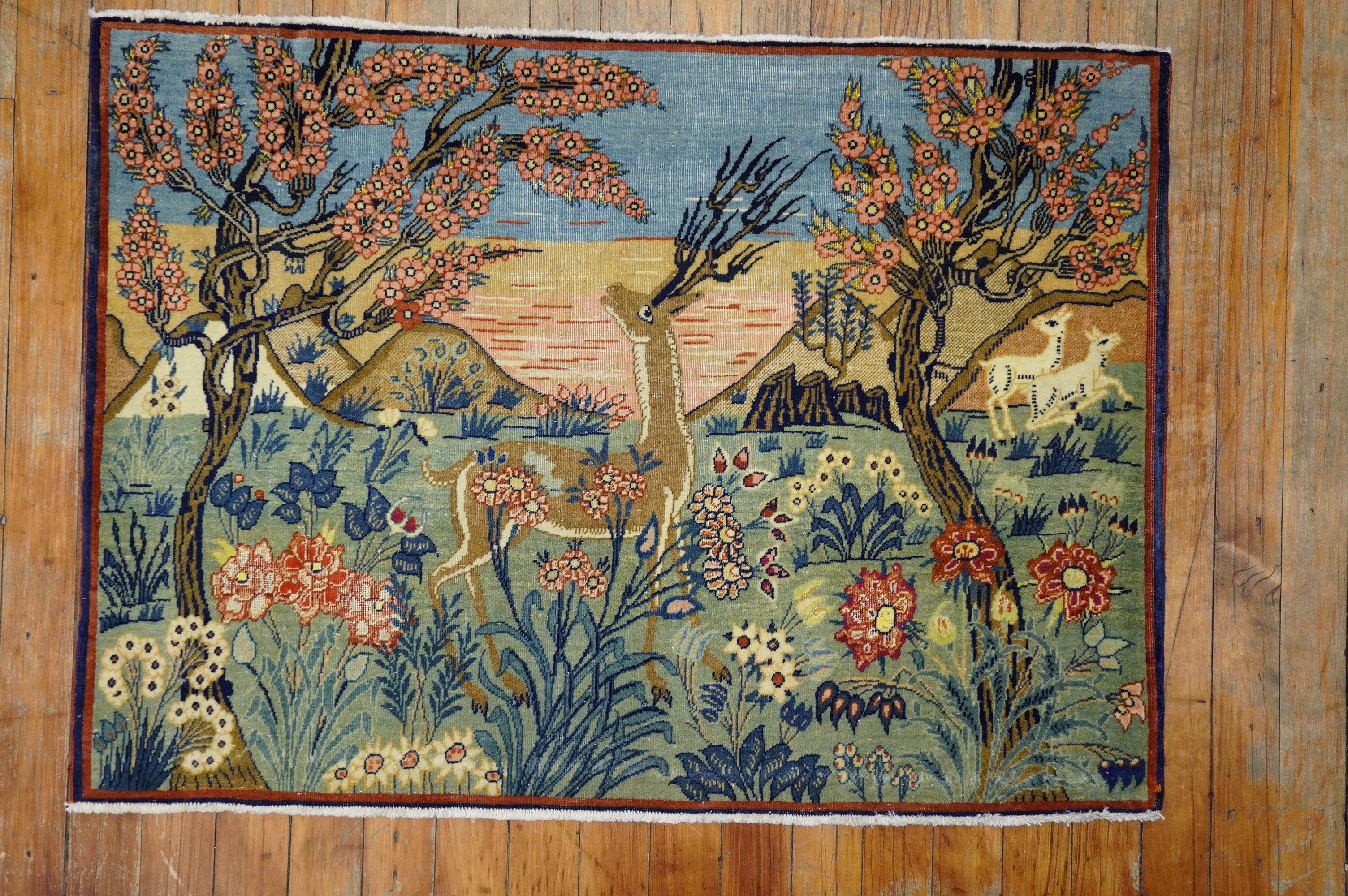 Noué à la main Tapis de la collection Zabihi du début du 20e siècle, Kashan Pictorial Landscape Scenery en vente