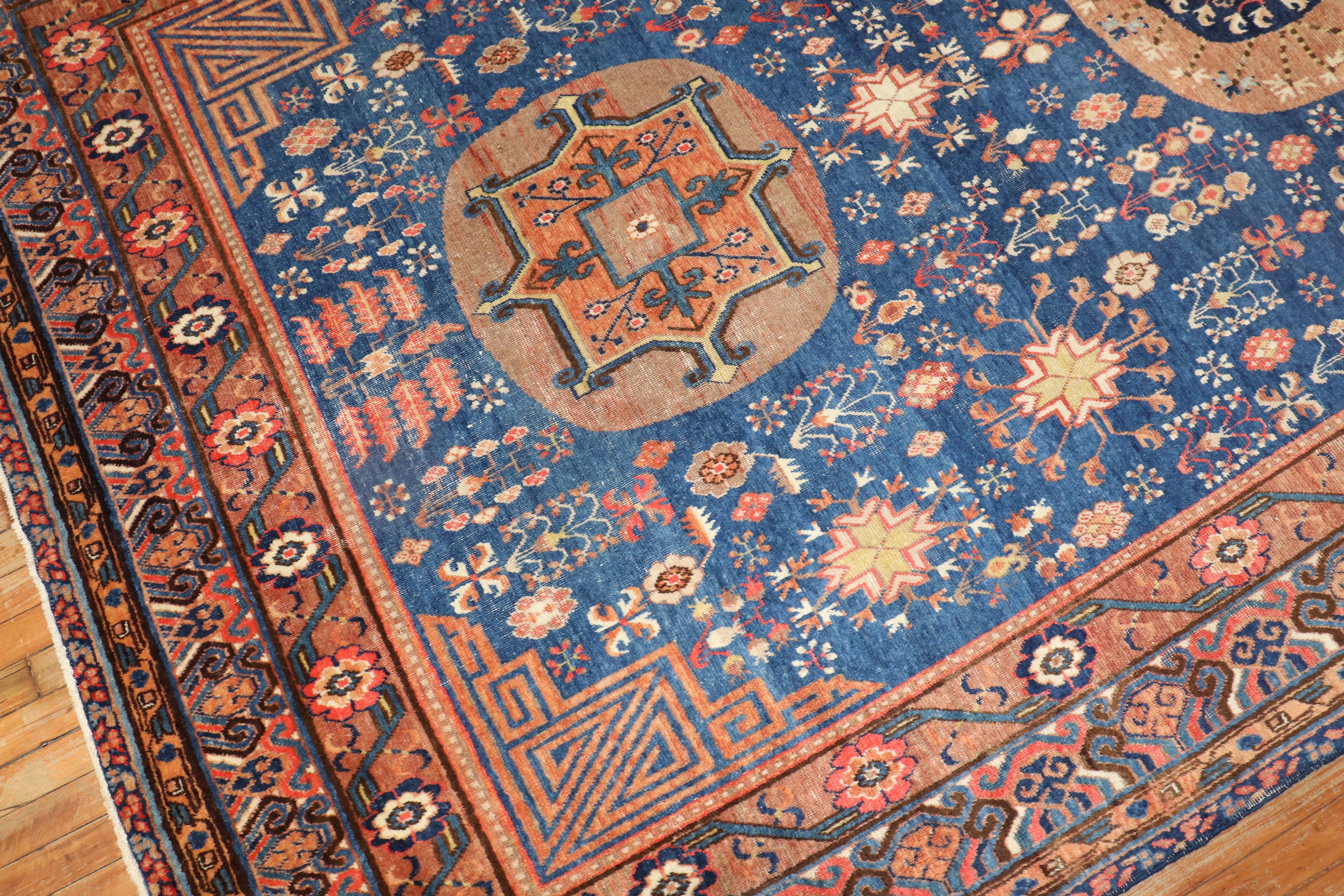 East Turkestani Zabihi Collection Early 20th Century Rich Blue Samarkand Khotan Rug For Sale