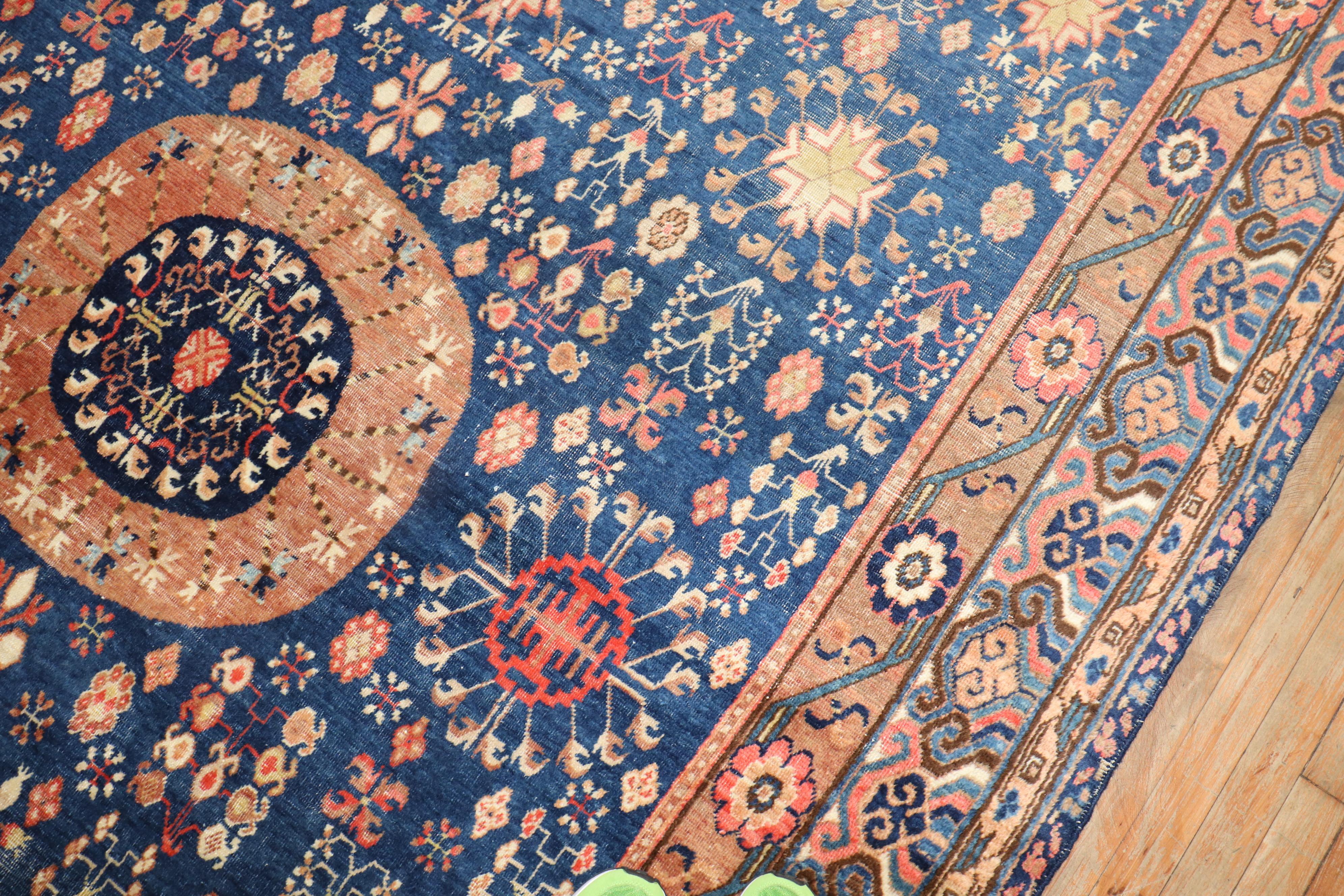 Hand-Woven Zabihi Collection Early 20th Century Rich Blue Samarkand Khotan Rug For Sale
