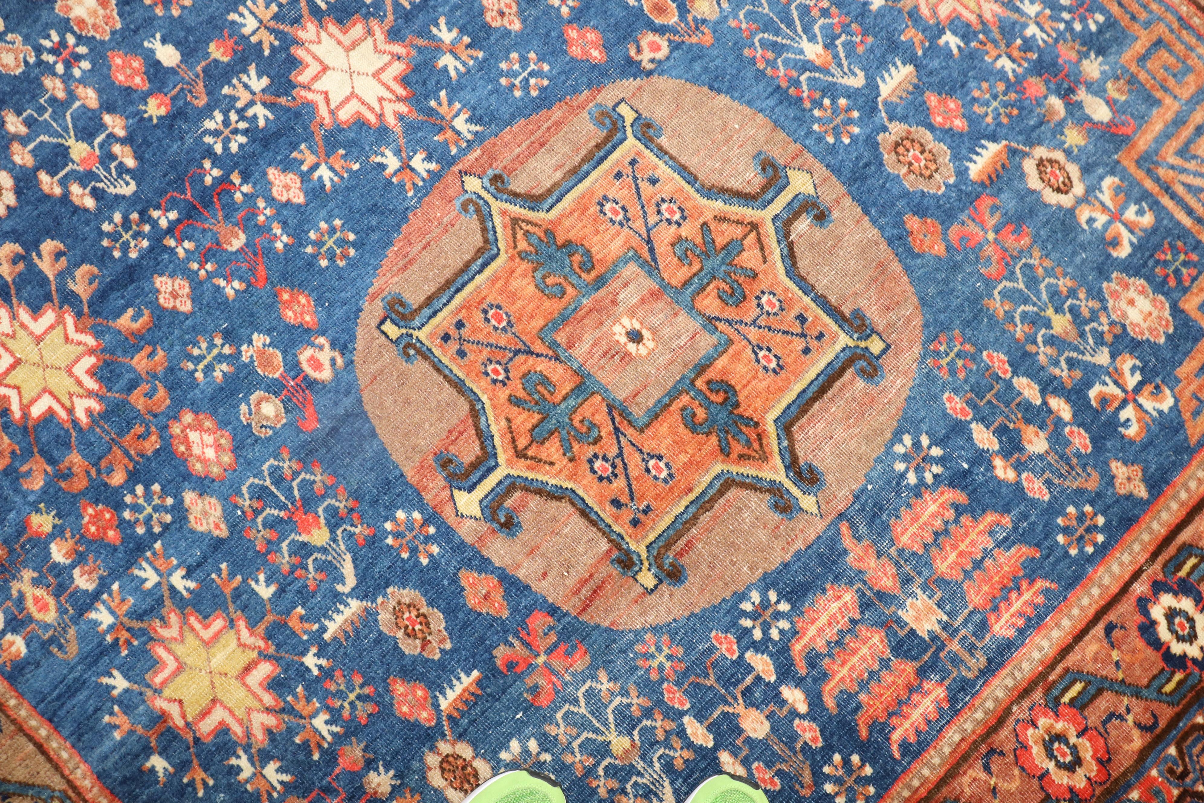 Wool Zabihi Collection Early 20th Century Rich Blue Samarkand Khotan Rug For Sale