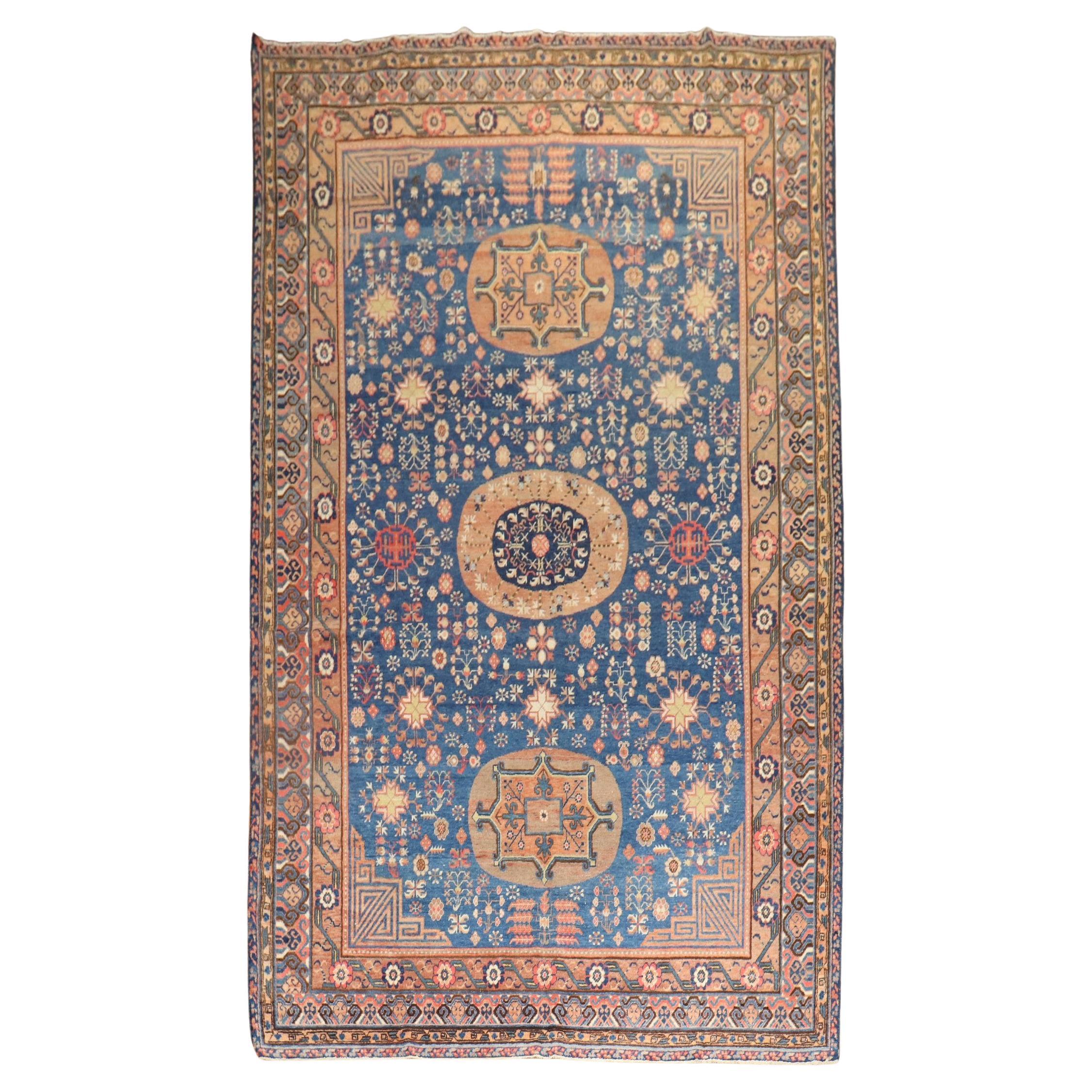 Zabihi Collection Early 20th Century Rich Blue Samarkand Khotan Rug For Sale