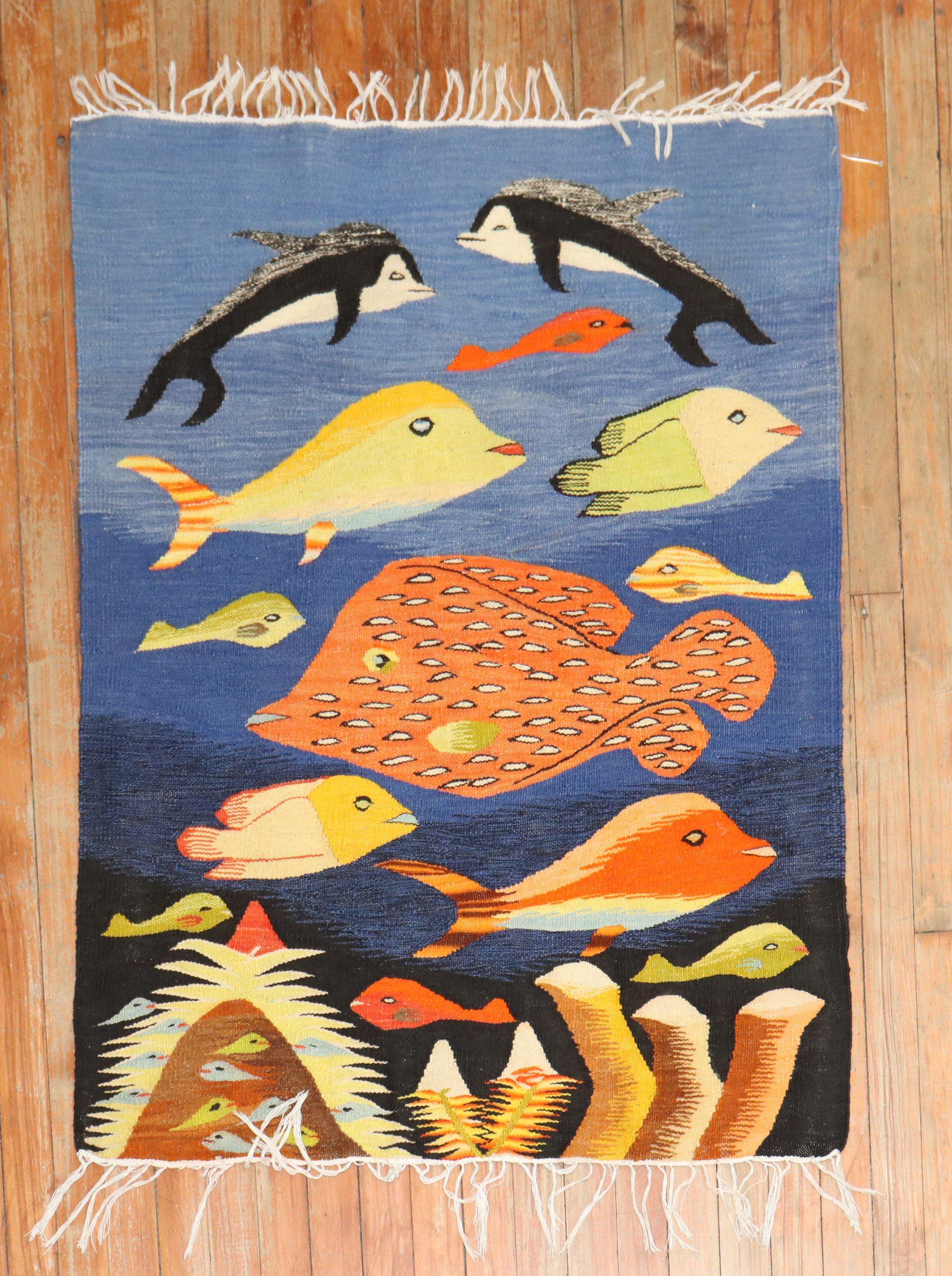 Hand-Knotted Zabihi Collection Fish Motif European Kilim For Sale