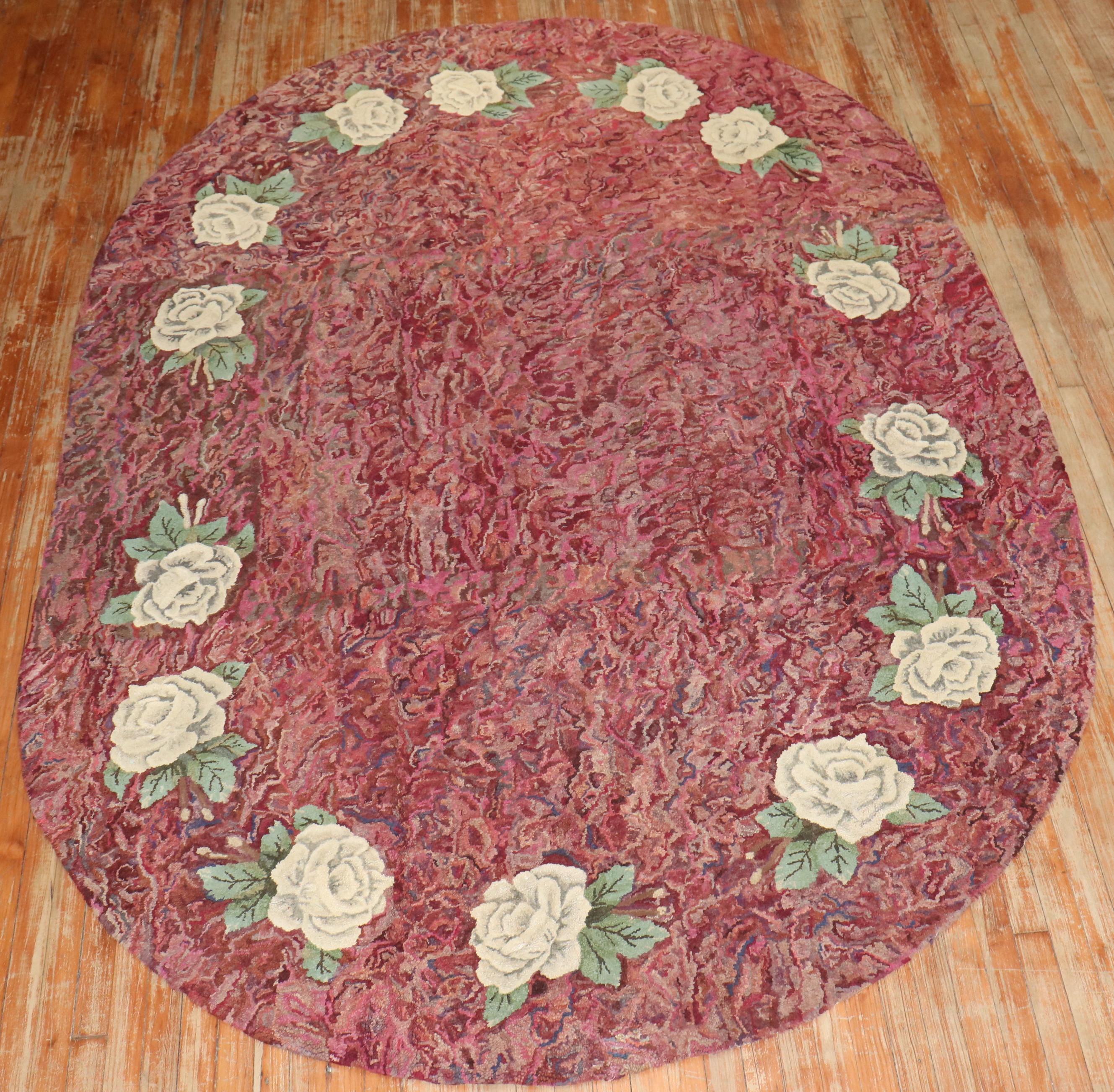 20th Century Zabihi Collection Floral Botanical American Hooked Oval Size Rug For Sale