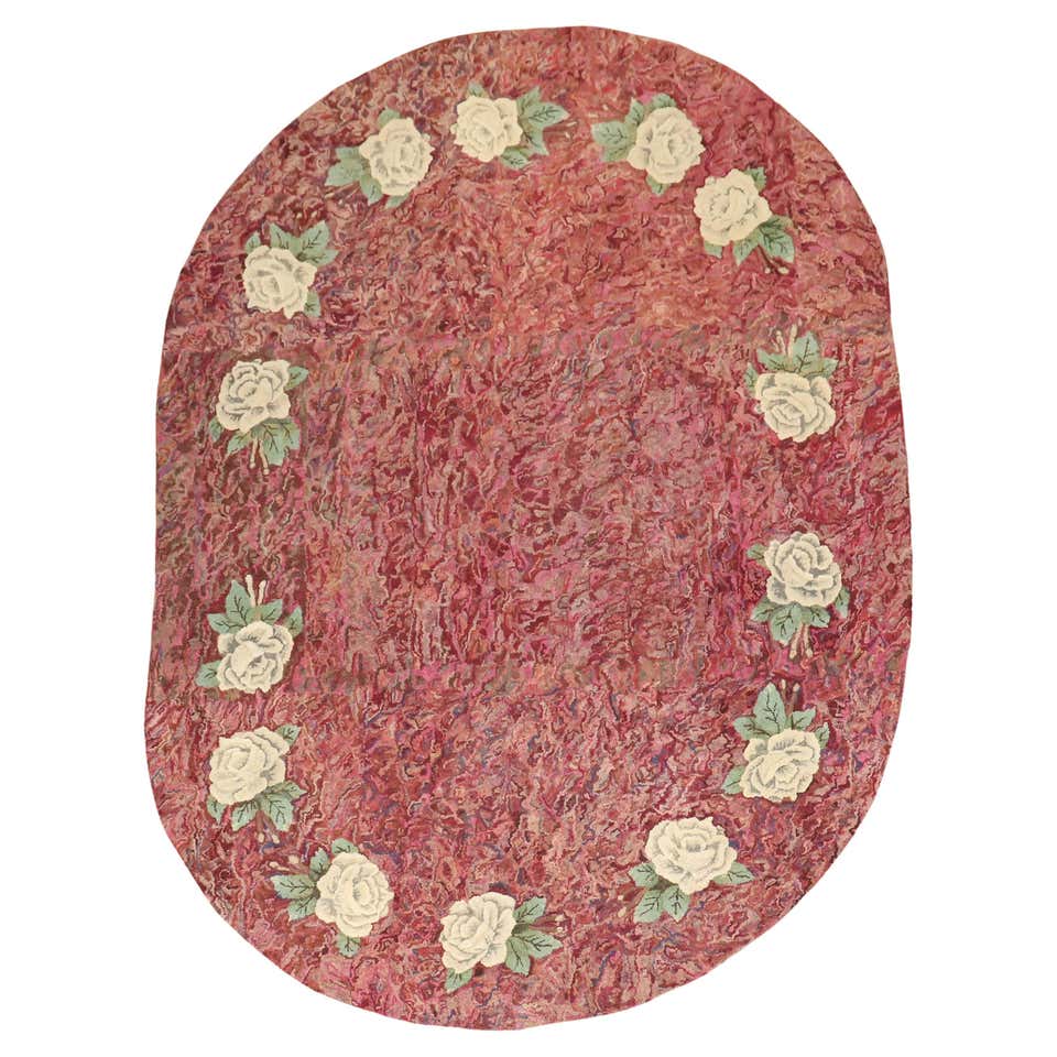Midcentury Botanic Hooked Wool Rug For Sale at 1stDibs