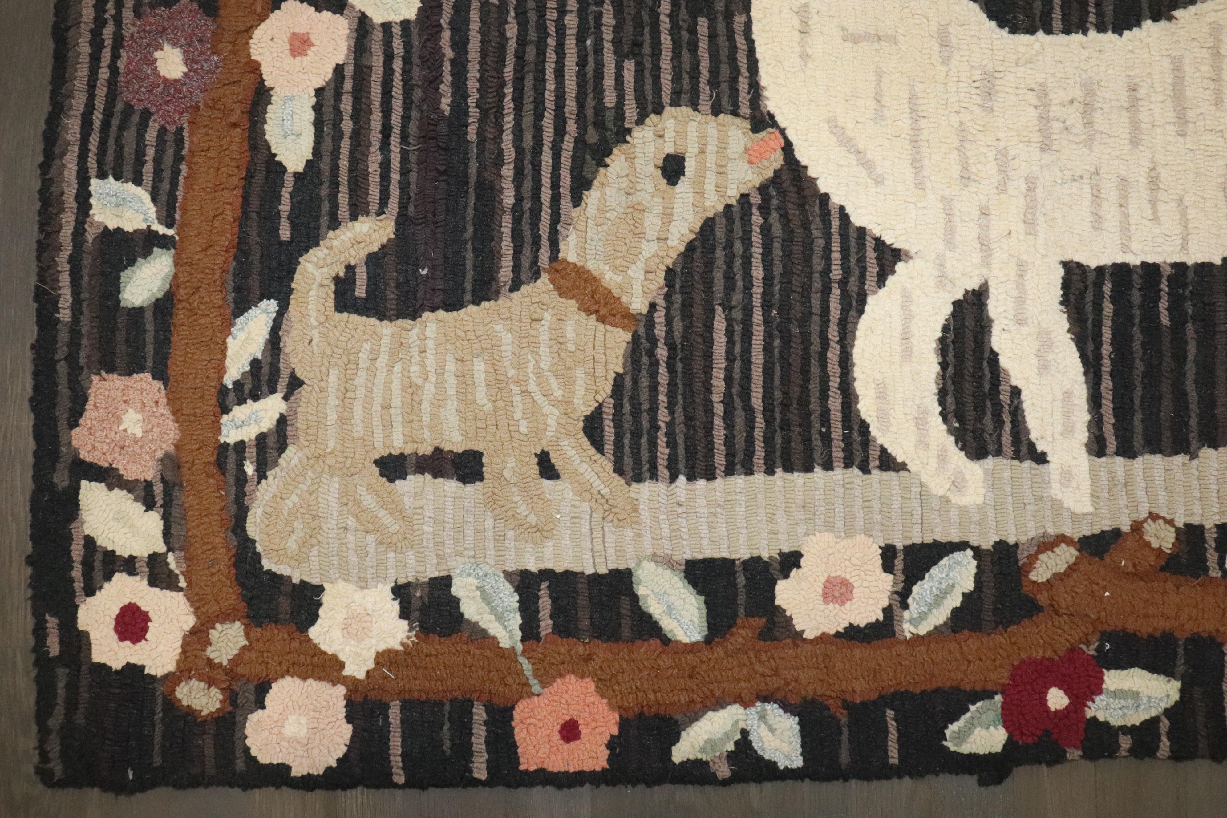 Charming hand‑hooked folk art rug depicting a white stag and a small dog set against a dark, vertically‑striped background. The central animal figures are framed by an ornate, branch‑style border adorned with colorful floral and leaf motifs in soft