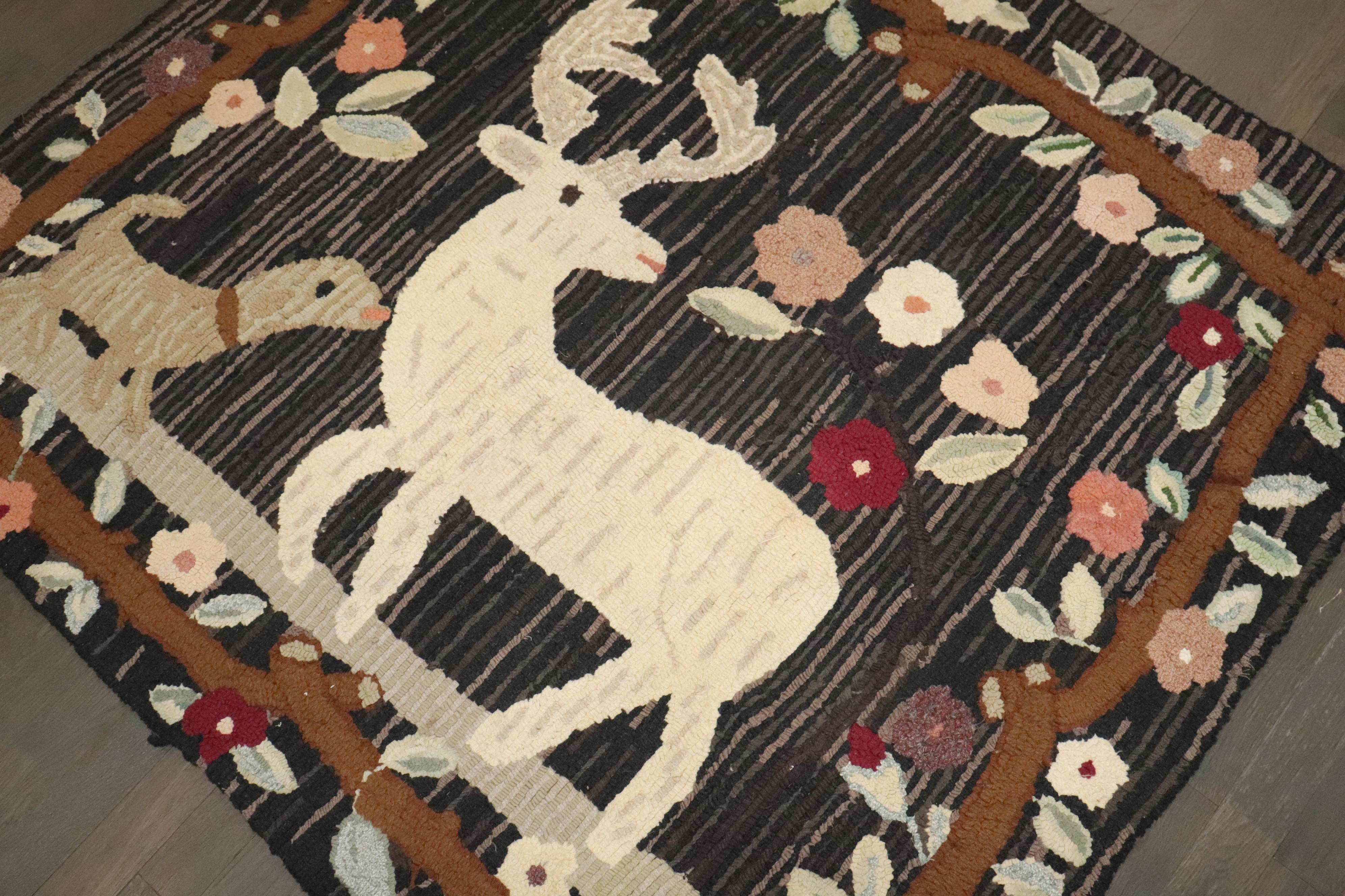Futurist Zabihi Collection Folk Art Hooked Rug Featuring Deer & Dog Motif For Sale