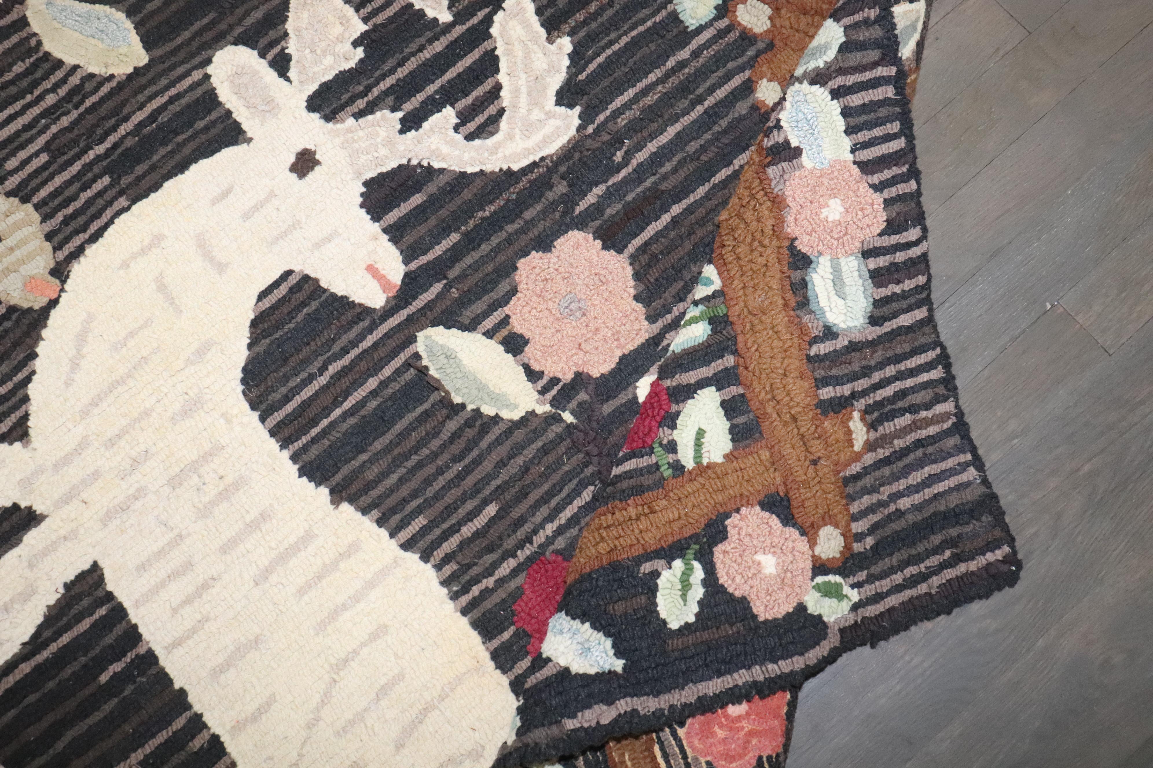 American Zabihi Collection Folk Art Hooked Rug Featuring Deer & Dog Motif For Sale
