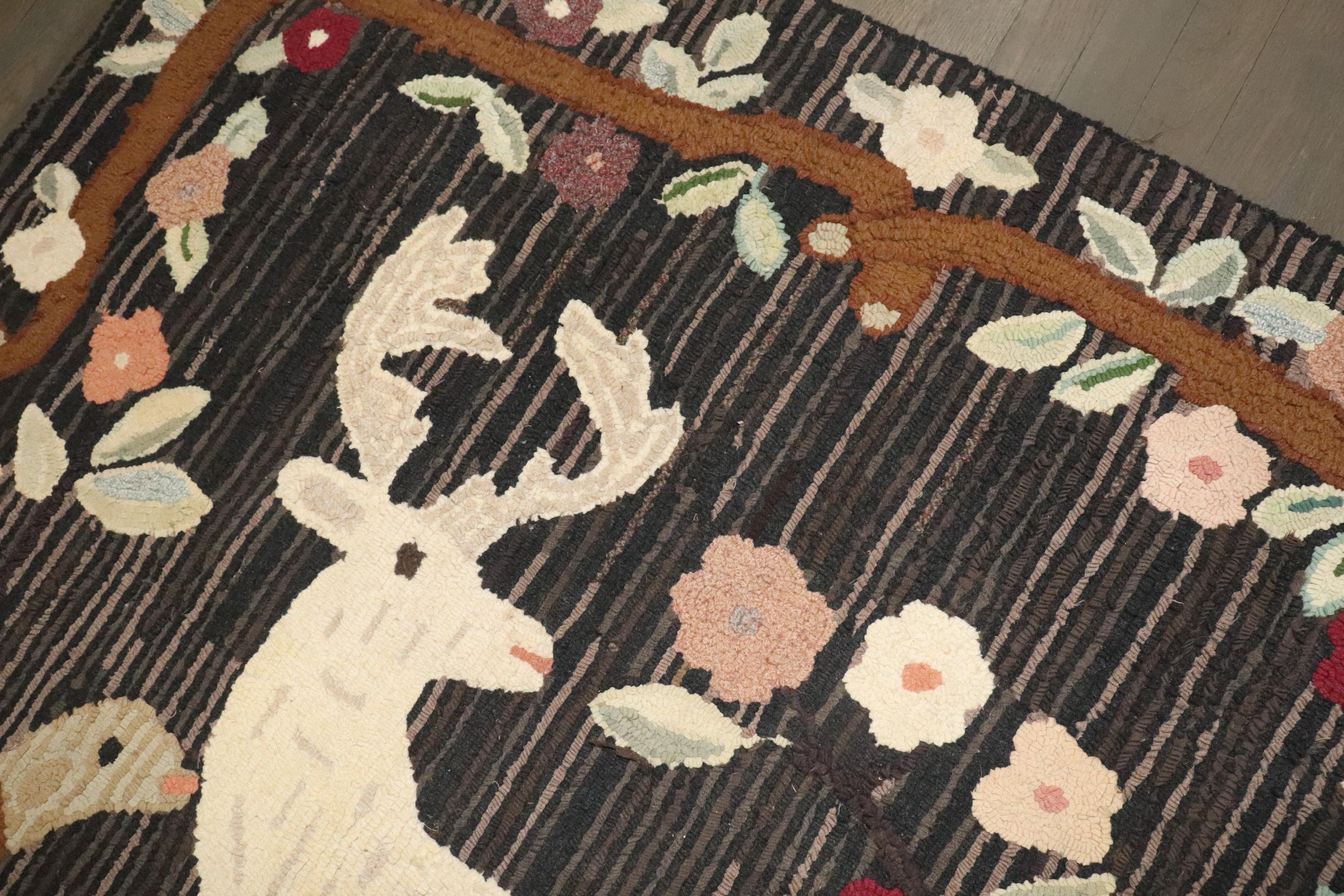 Hand-Crafted Zabihi Collection Folk Art Hooked Rug Featuring Deer & Dog Motif For Sale