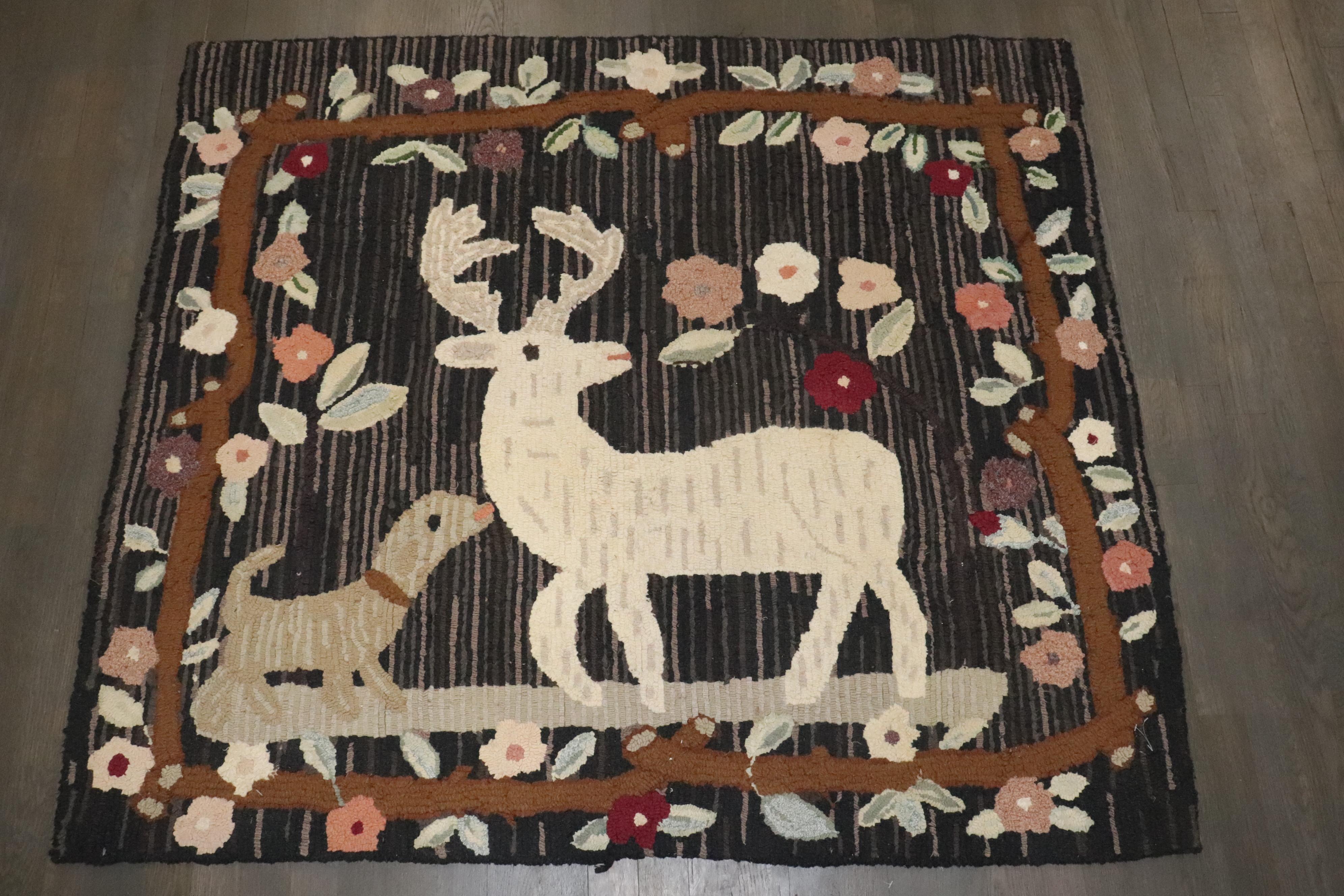Zabihi Collection Folk Art Hooked Rug Featuring Deer & Dog Motif In Good Condition For Sale In New York, NY