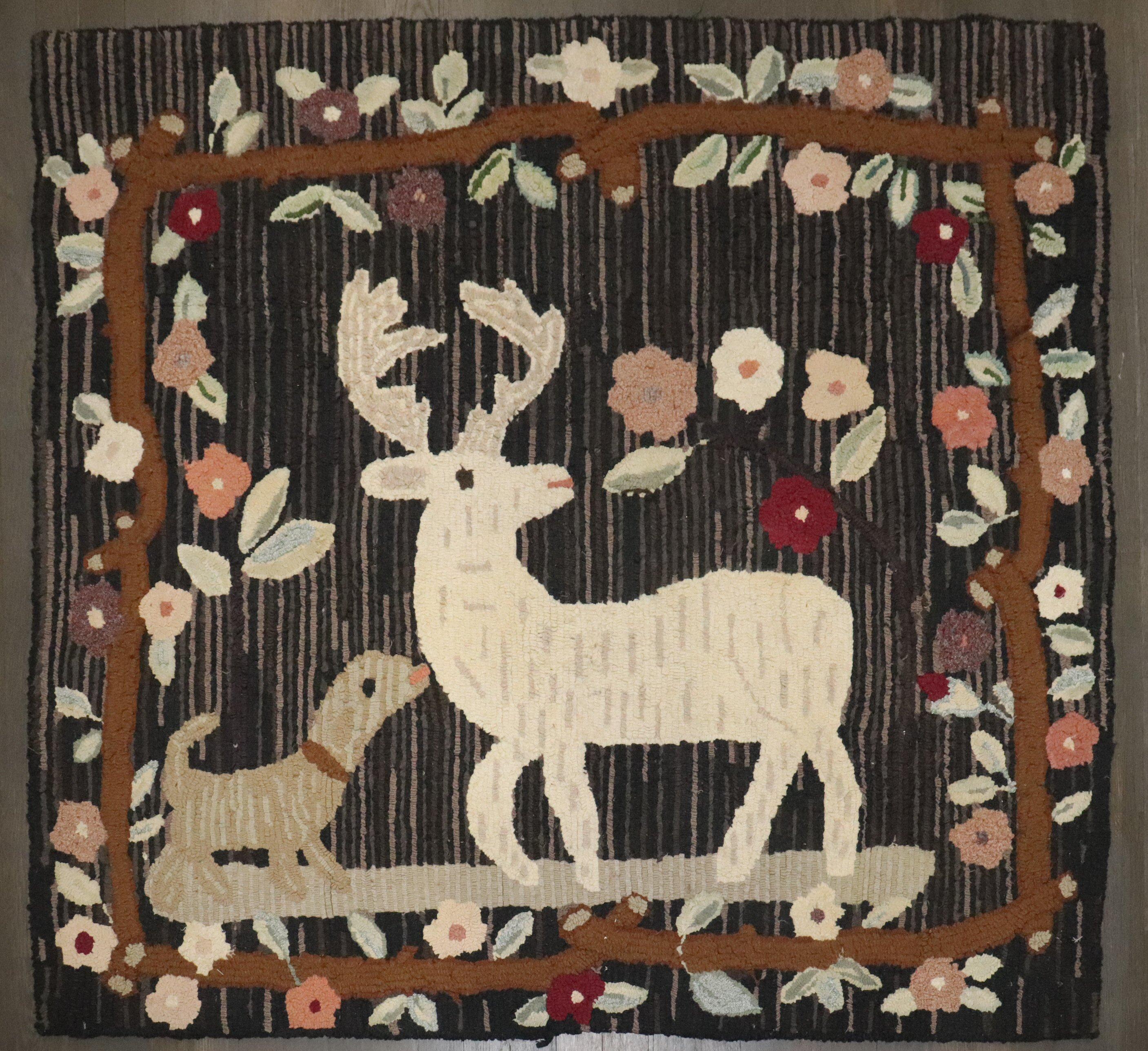 20th Century Zabihi Collection Folk Art Hooked Rug Featuring Deer & Dog Motif For Sale