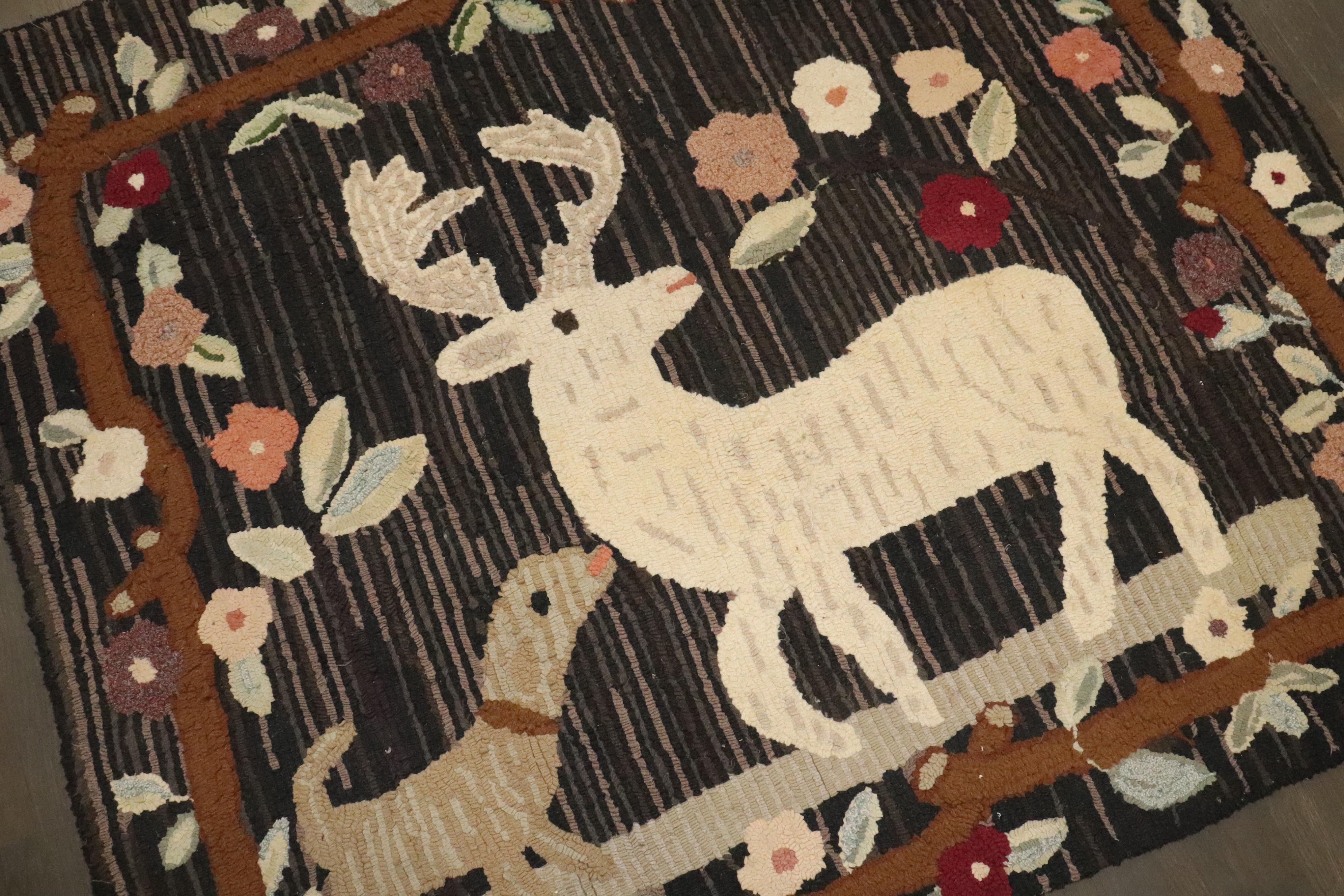 Wool Zabihi Collection Folk Art Hooked Rug Featuring Deer & Dog Motif For Sale