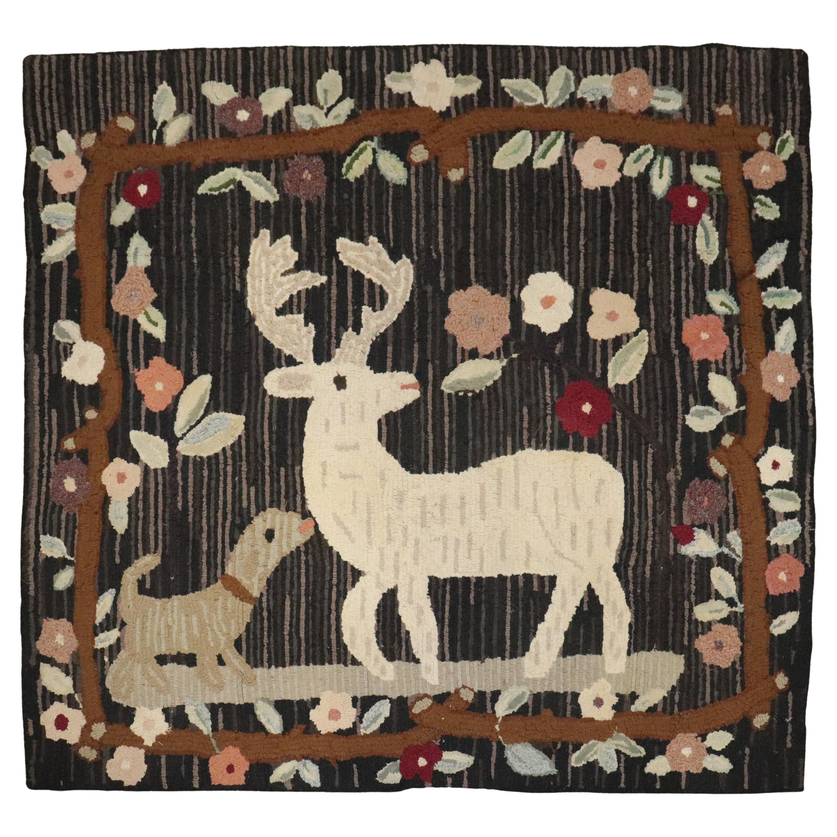 Zabihi Collection Folk Art Hooked Rug Featuring Deer
Dog Motif