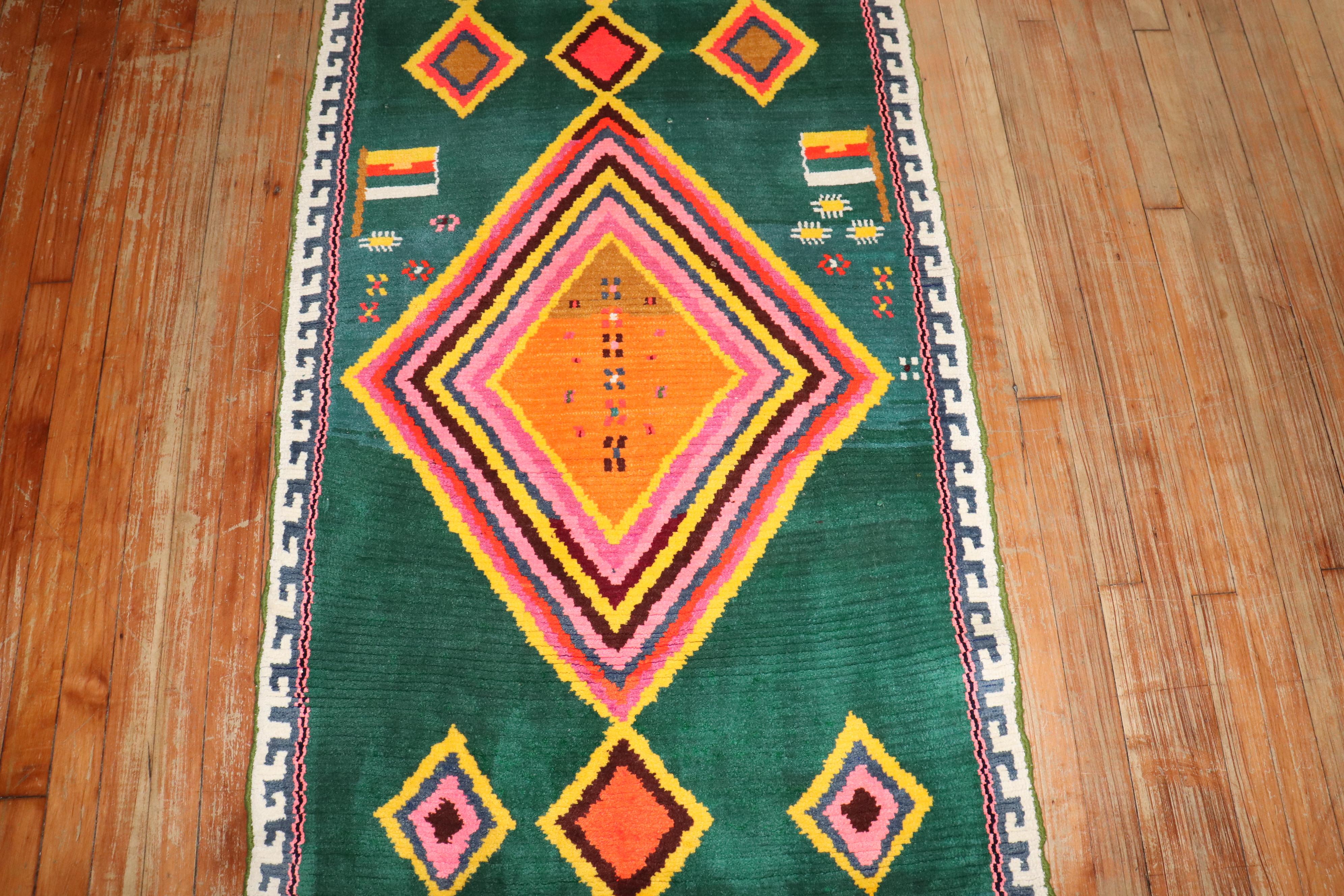 Zabihi Collection Funky Green Turkish Anatolian Long Runner In Good Condition For Sale In New York, NY