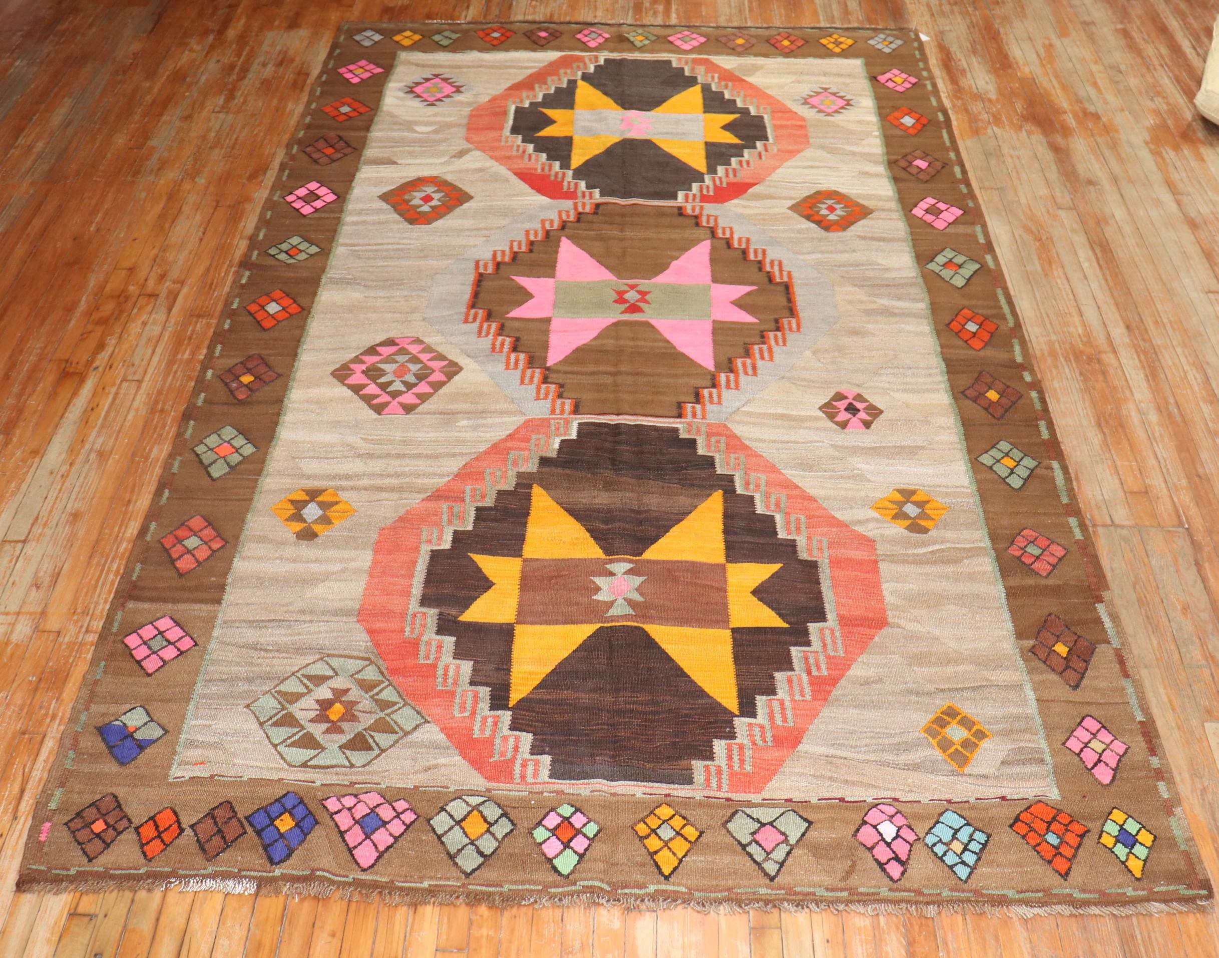 Hand-Knotted Zabihi Collection Funky Vintage Turkish Kilim  For Sale