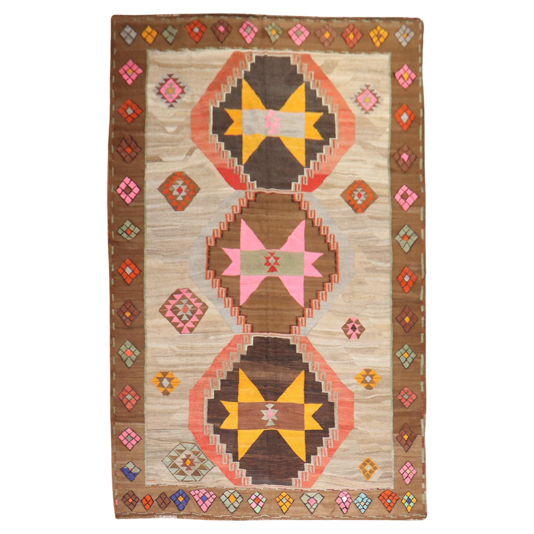 Zabihi Collection Funky Vintage Turkish Kilim  For Sale