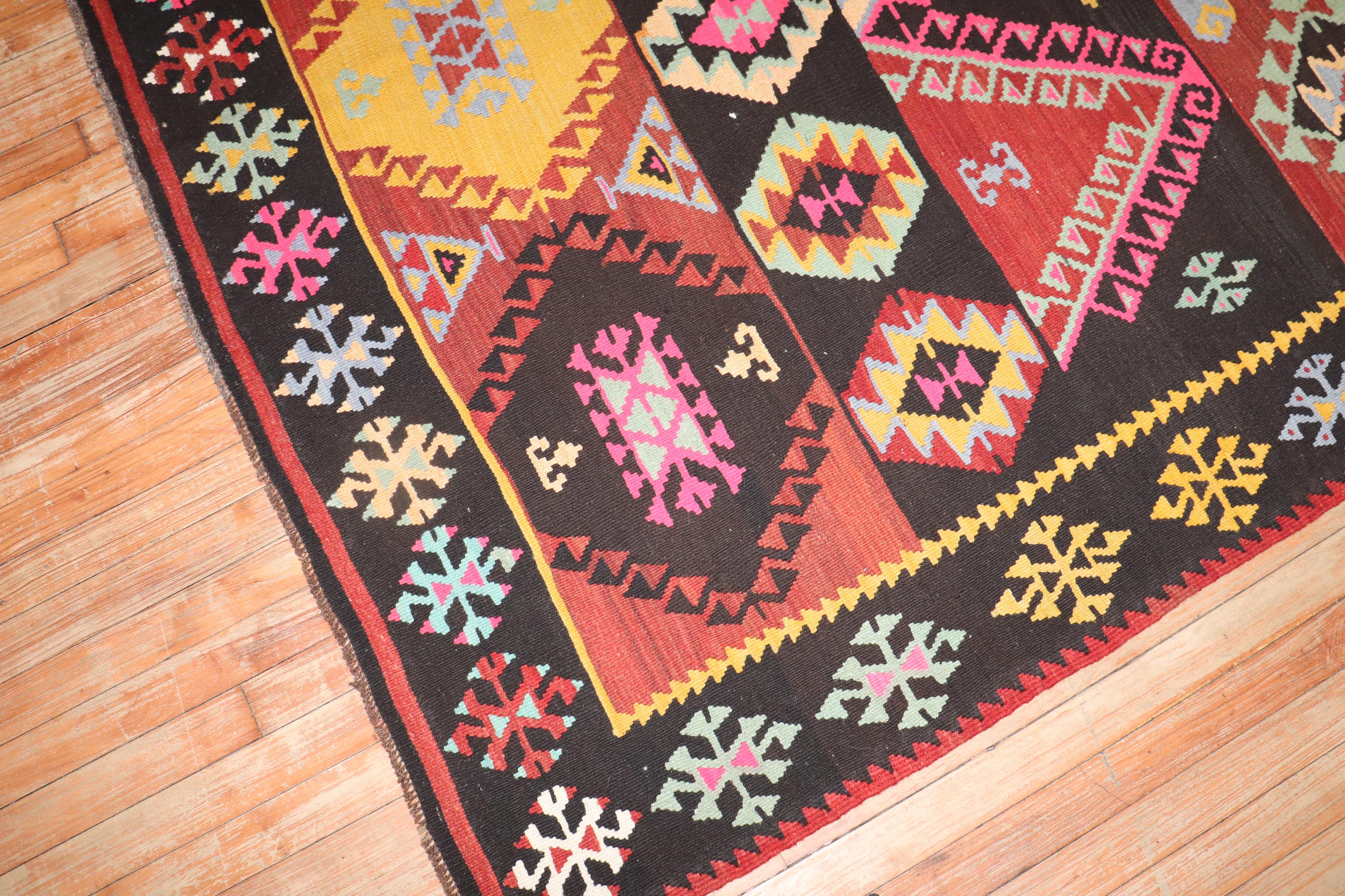 Hand-Knotted Zabihi Collection Geometric Vintage Turkish Gallery Size Kilim  For Sale