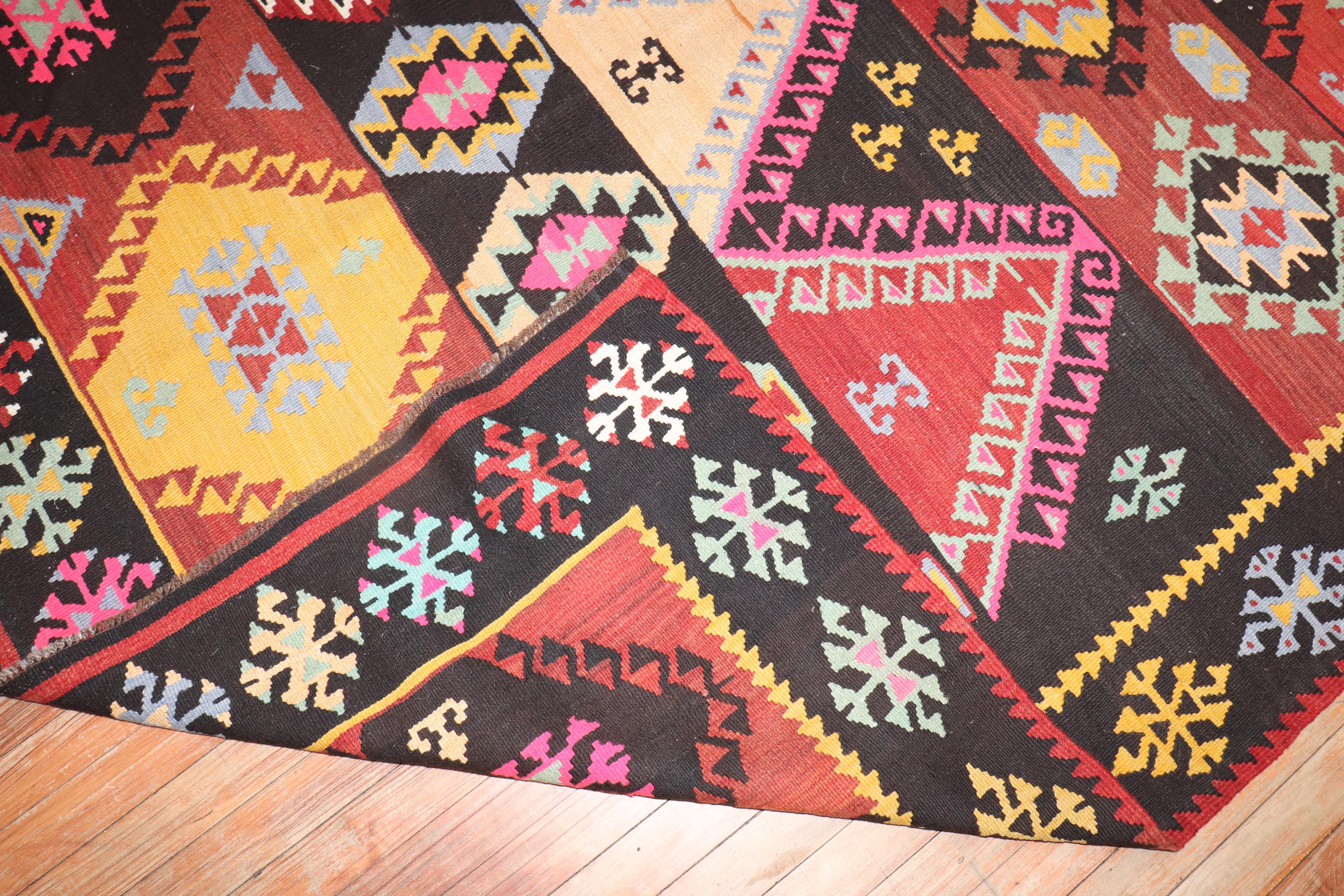 Zabihi Collection Geometric Vintage Turkish Gallery Size Kilim  In Good Condition For Sale In New York, NY