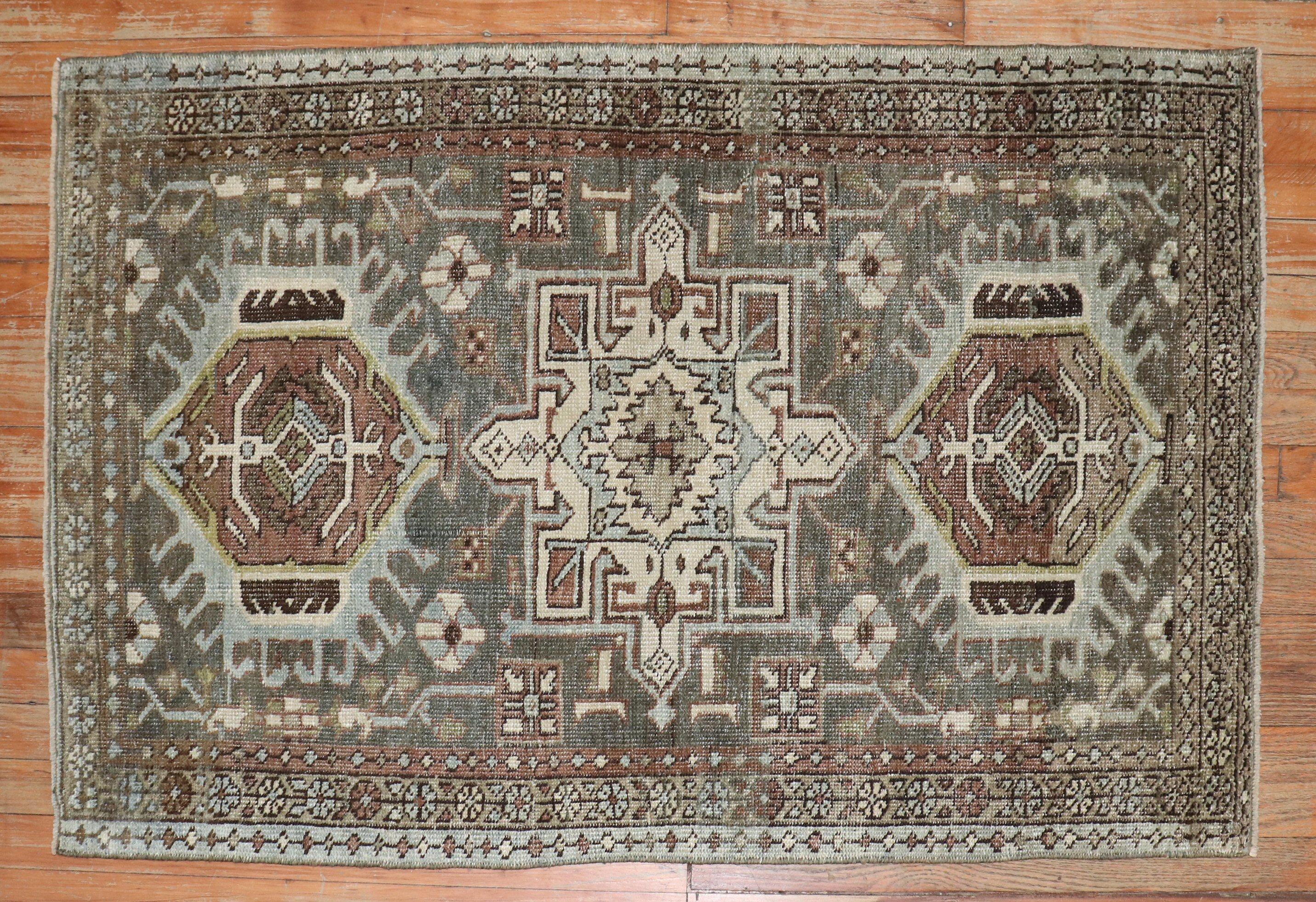 Wool Zabihi Collection Charcoal Persian Heriz Scatter Rug For Sale
