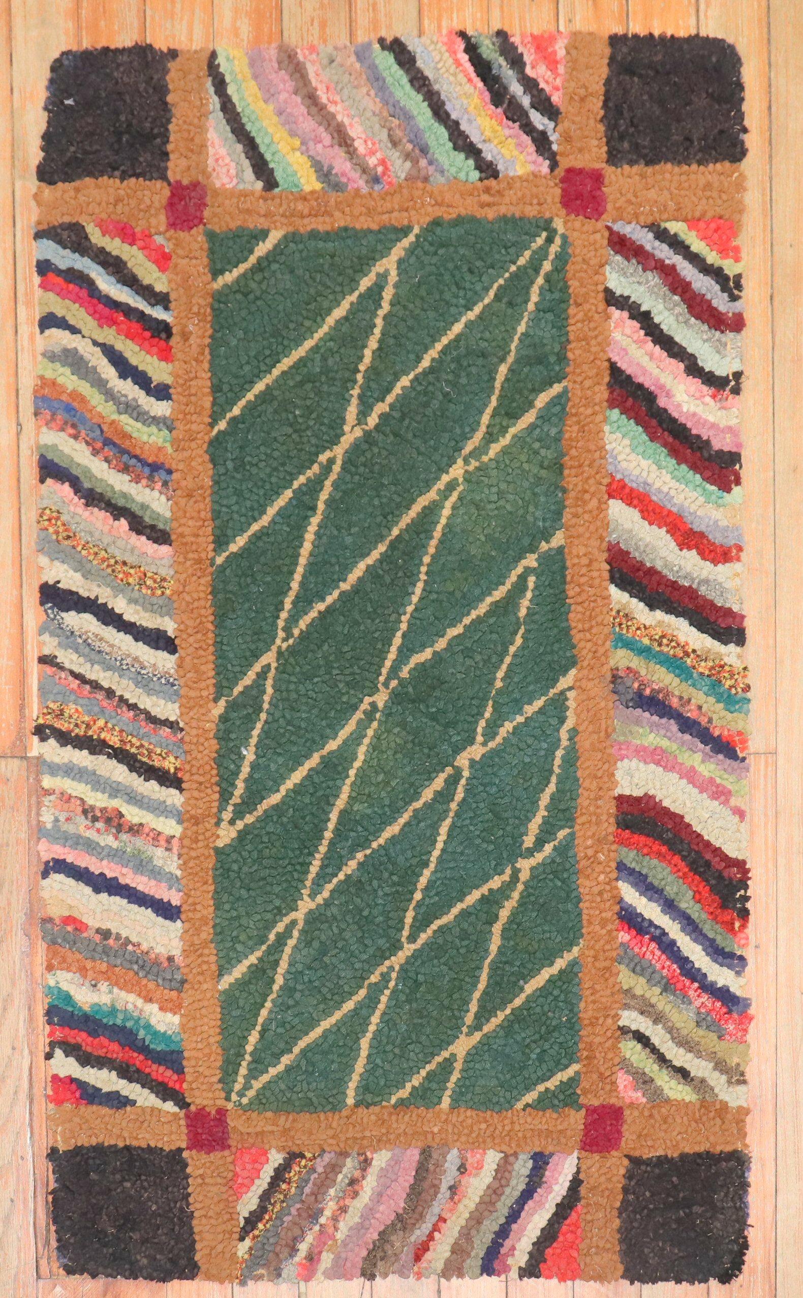 Zabihi Collection Green American Hooked Mini Size Rug  In Good Condition For Sale In New York, NY