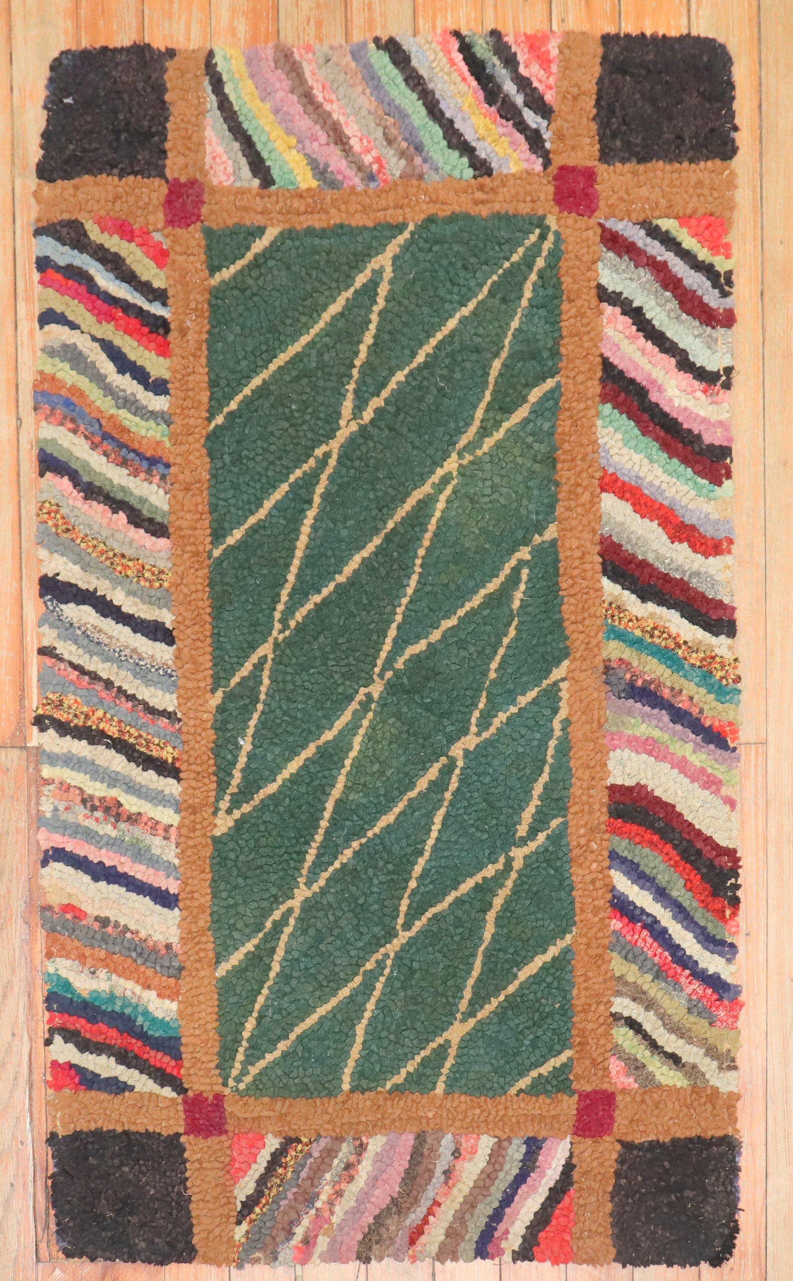 Zabihi Collection Green American Hooked Mini Size Rug In Good Condition For Sale In New York, NY