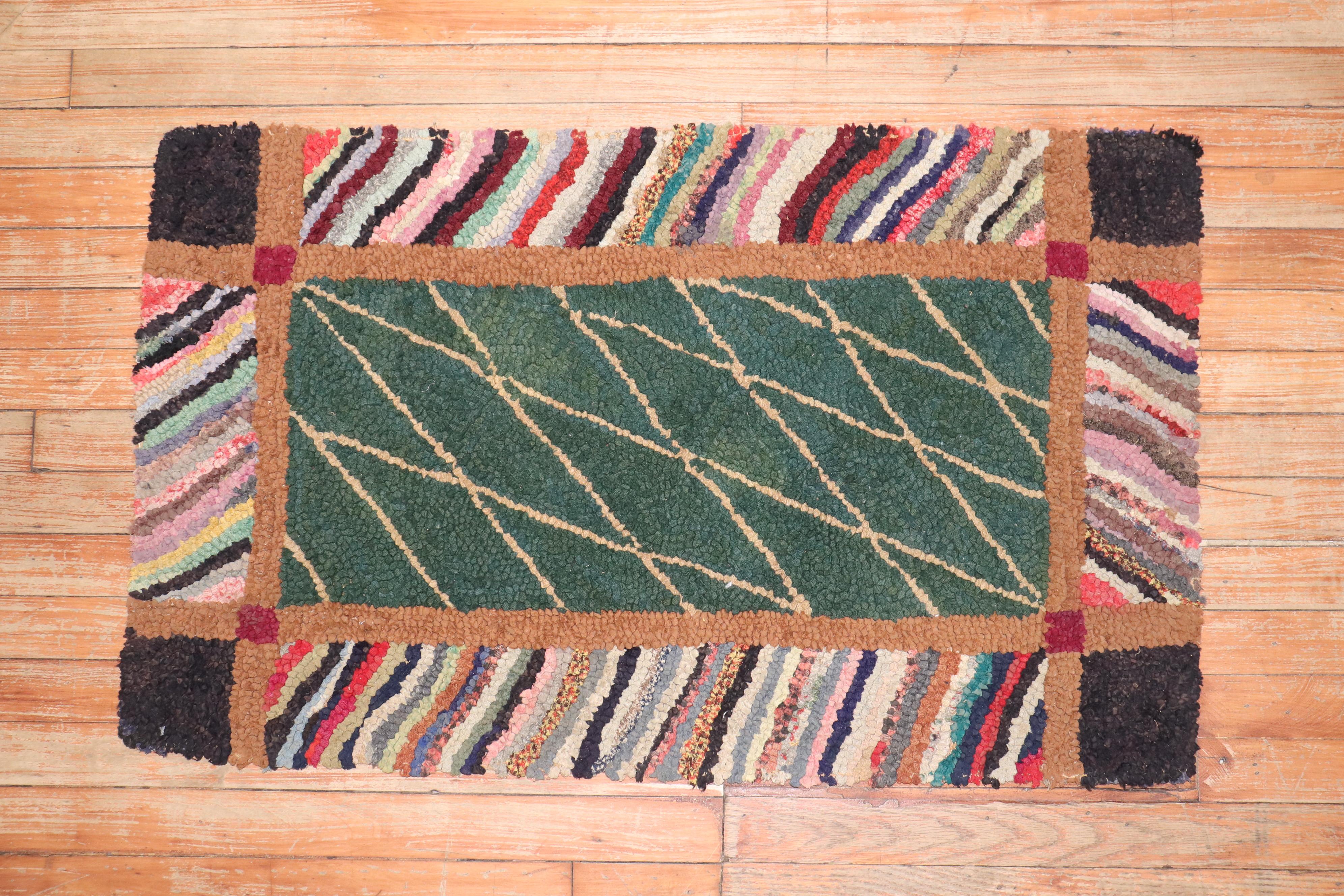 20th Century Zabihi Collection Green American Hooked Mini Size Rug For Sale