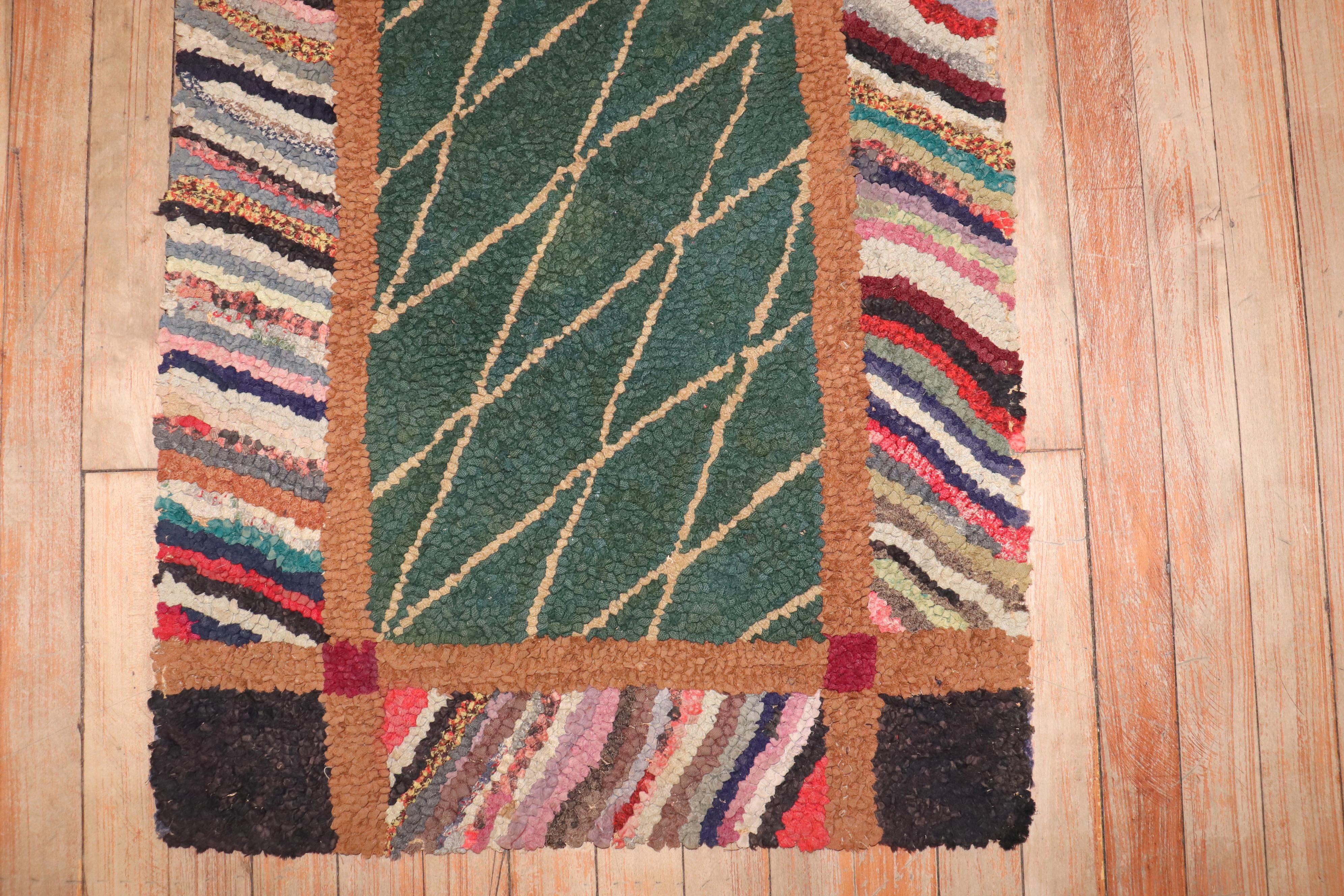 Wool Zabihi Collection Green American Hooked Mini Size Rug  For Sale