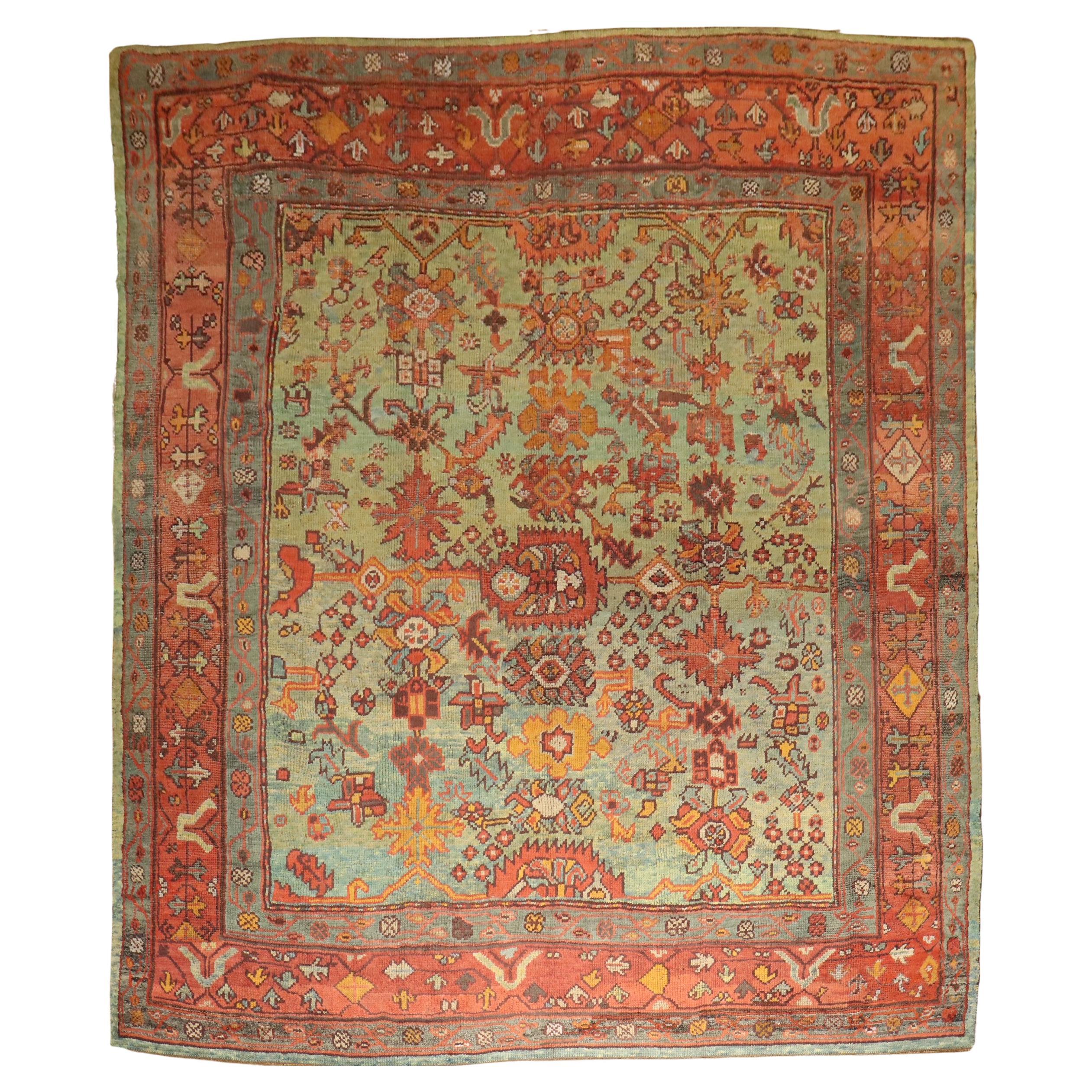 Zabihi Collection Green Antique Square Oushak Rug For Sale