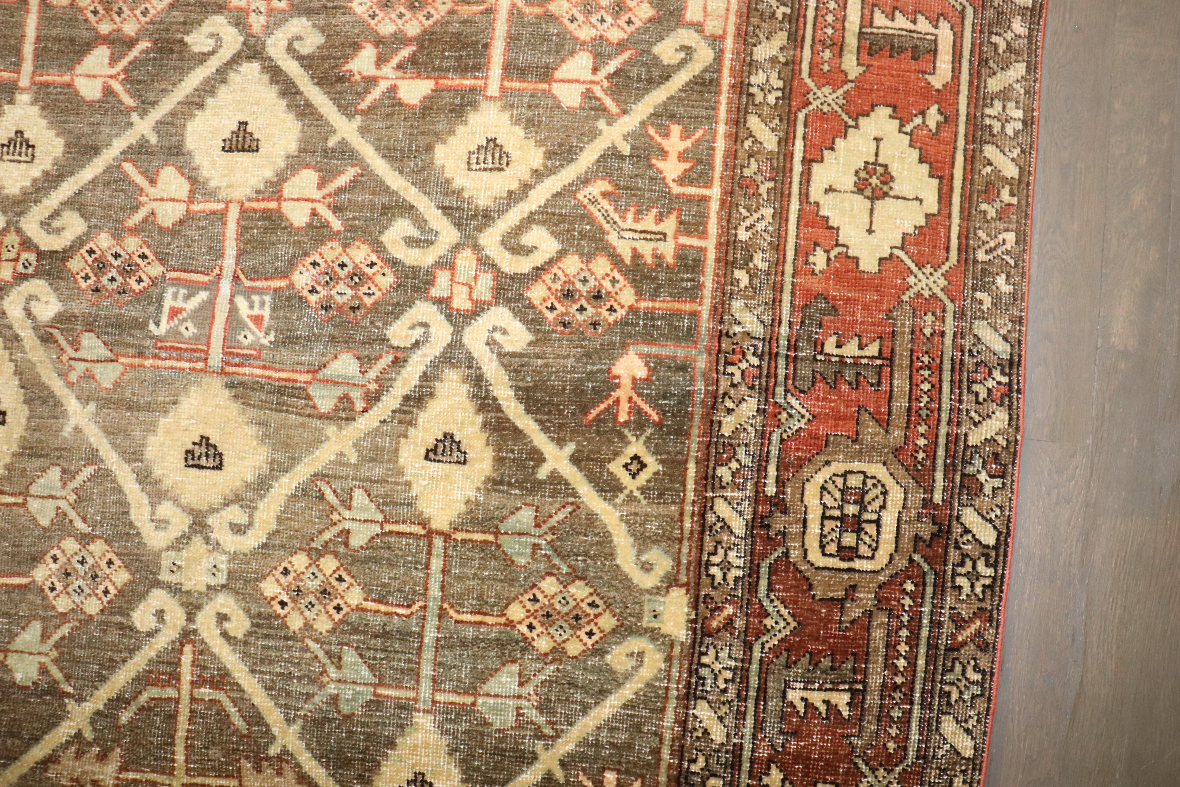 Malayer Zabihi Collection Green Brown Masculine Antique 20th Century Persian Heriz Rug For Sale