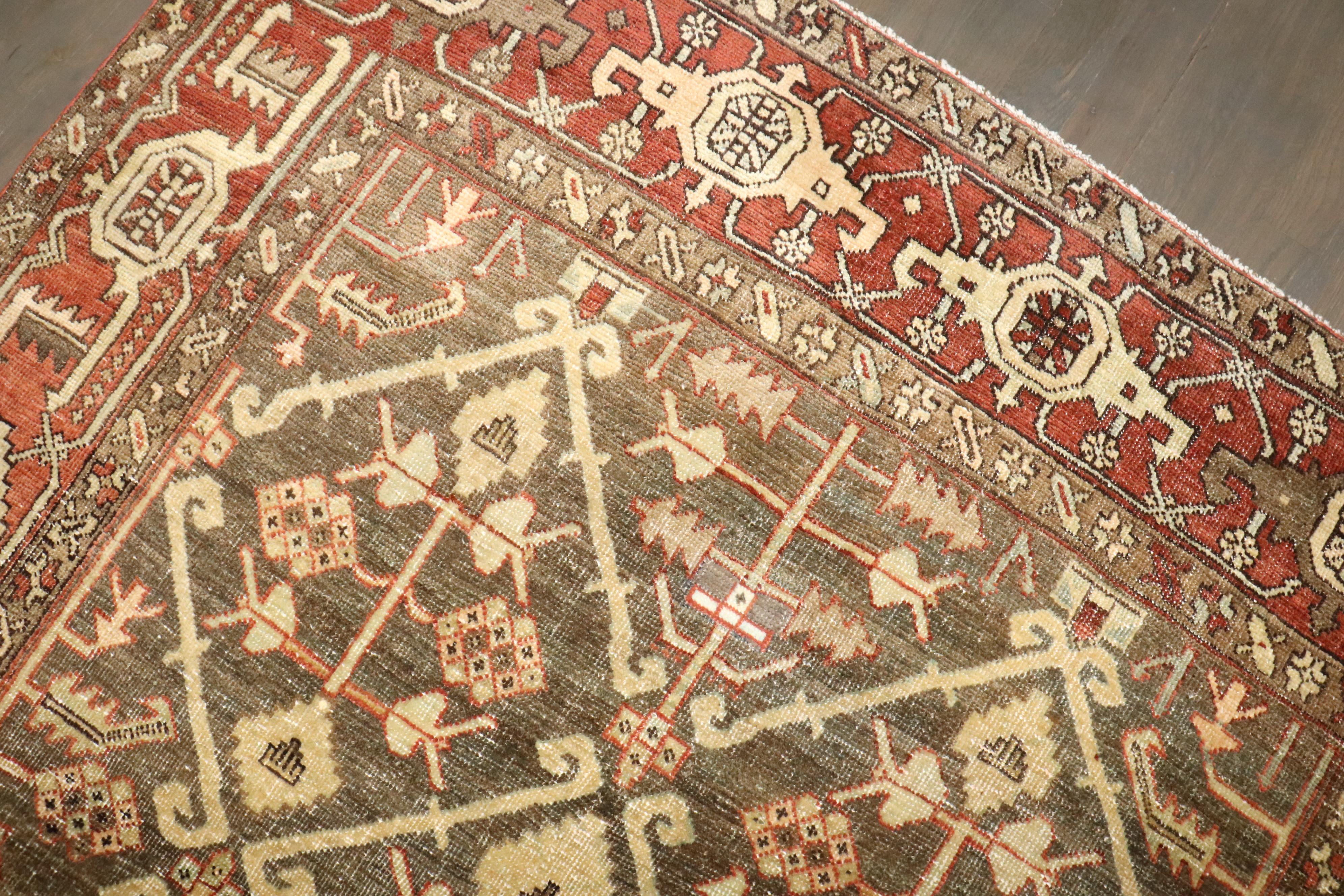 Hand-Woven Zabihi Collection Green Brown Masculine Antique 20th Century Persian Heriz Rug For Sale