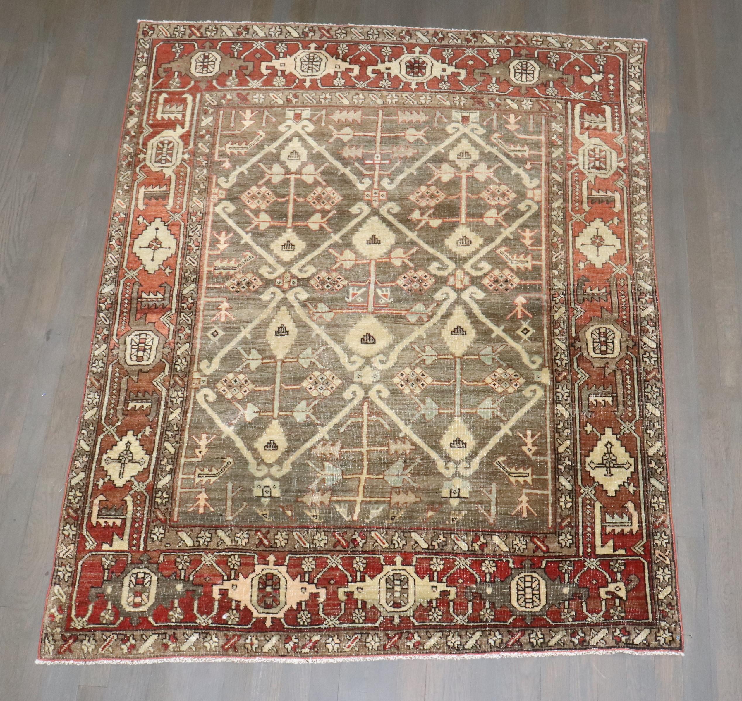 Zabihi Collection Green Brown Masculine Antique 20th Century Persian Heriz Rug For Sale 1