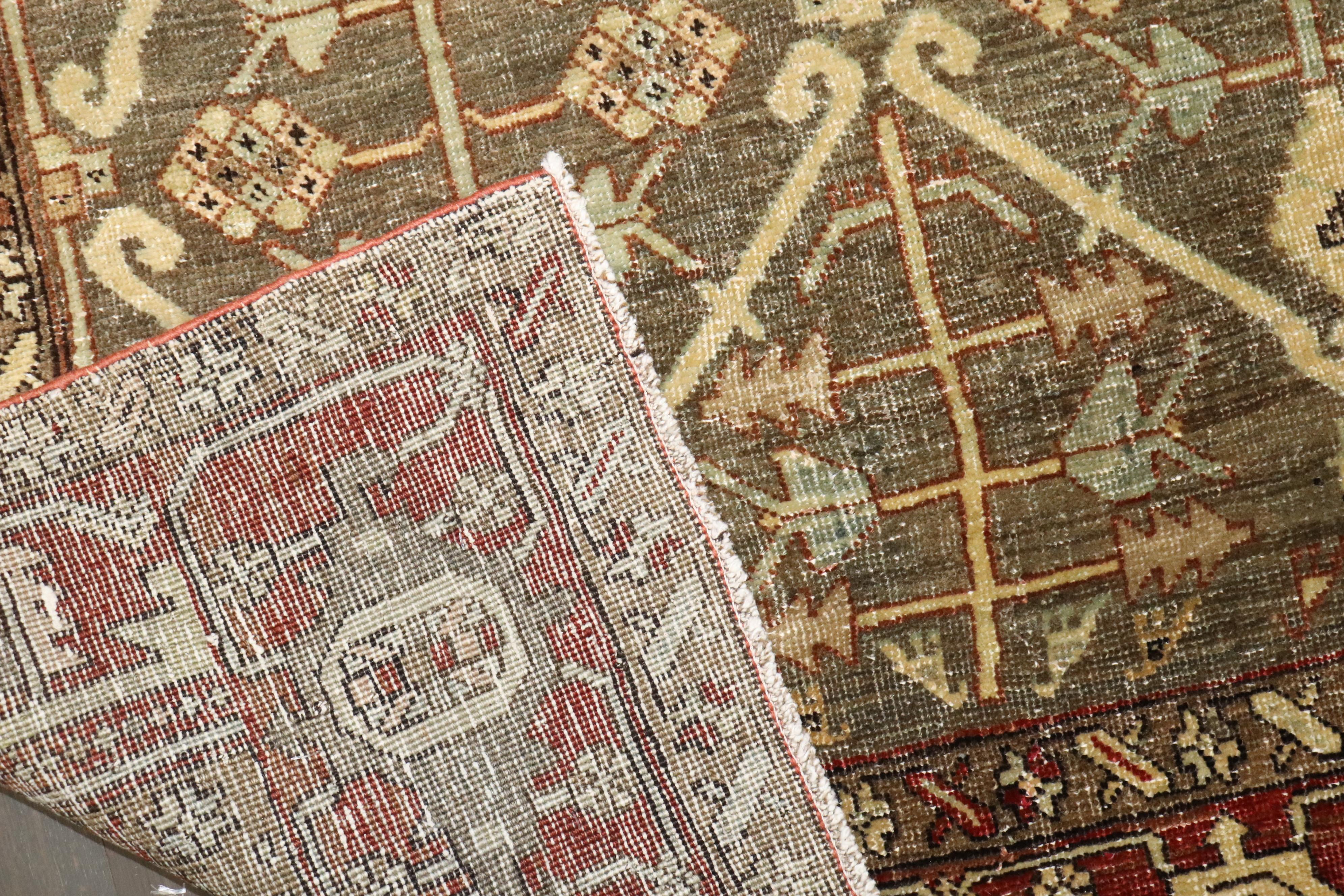 Zabihi Collection Green Brown Masculine Antique 20th Century Persian Heriz Rug For Sale 2