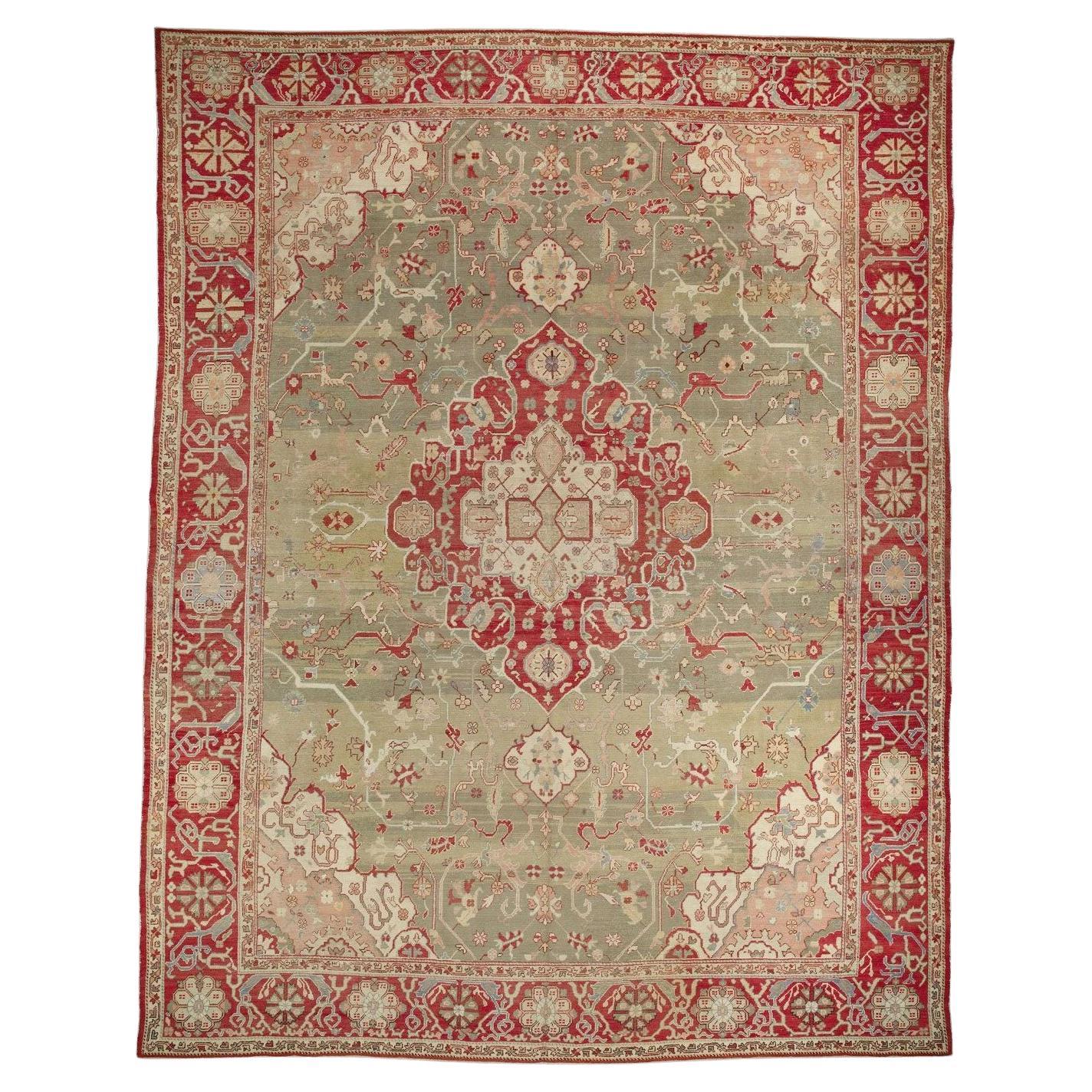 Zabihi Collection Green Red Antique Turkish Oushak Carpet, 19th Century