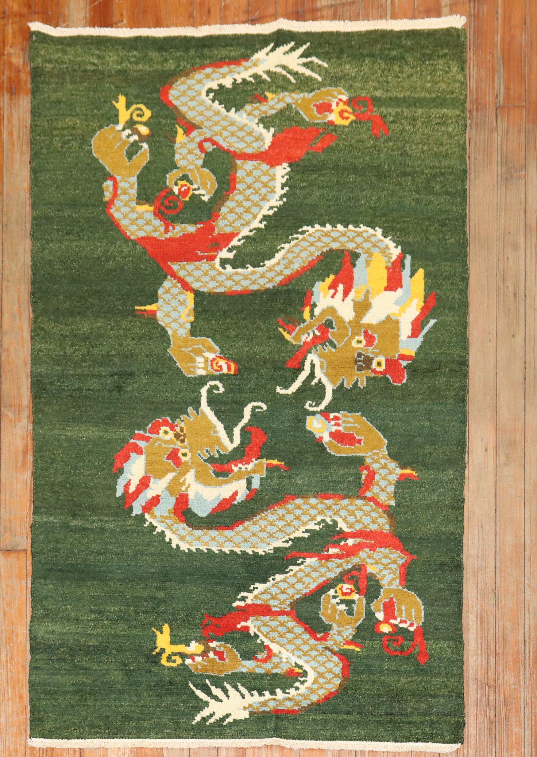 Tang Zabihi Collection Green Vintage Dragon Rug For Sale