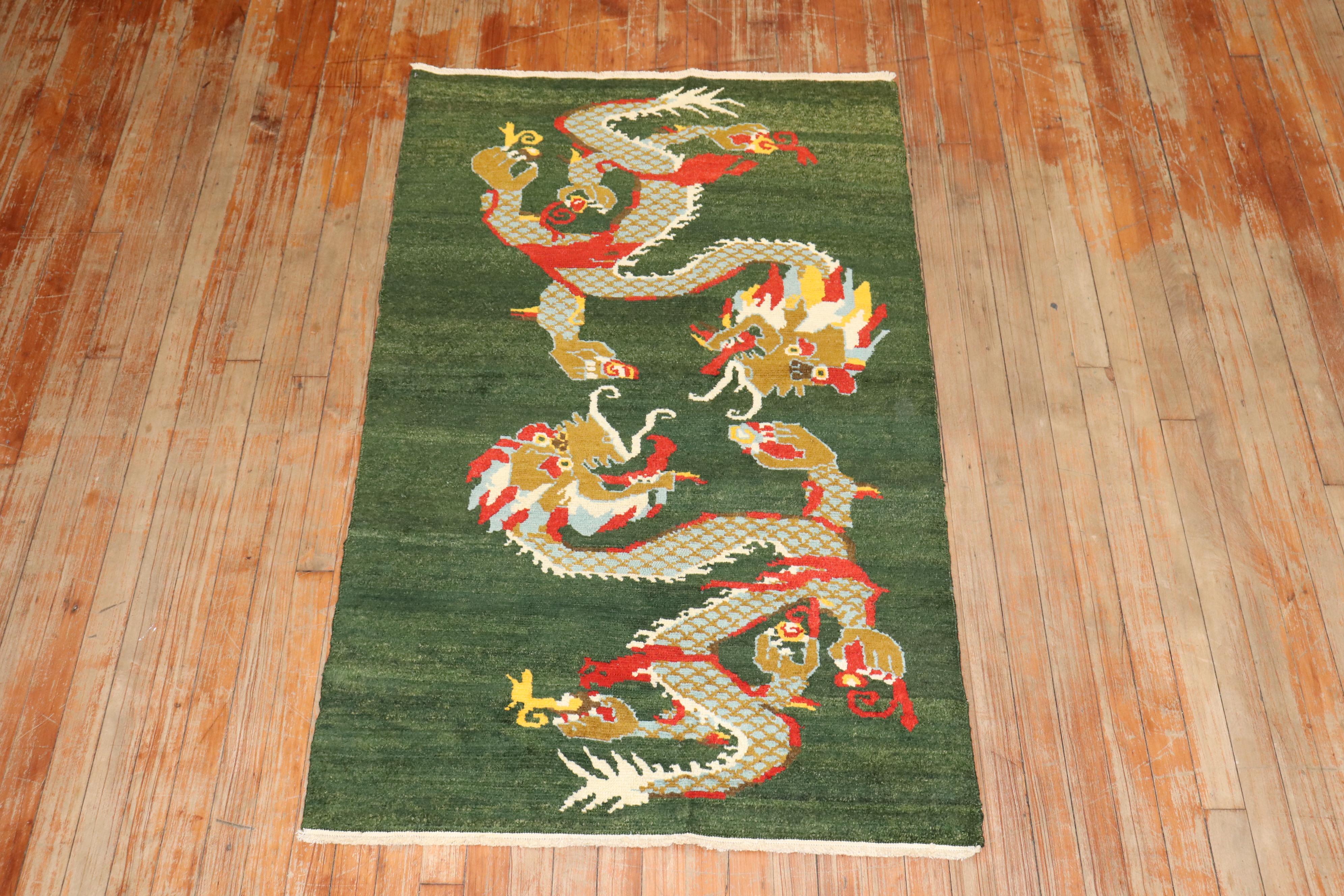 Tibetan Zabihi Collection Green Vintage Dragon Rug For Sale