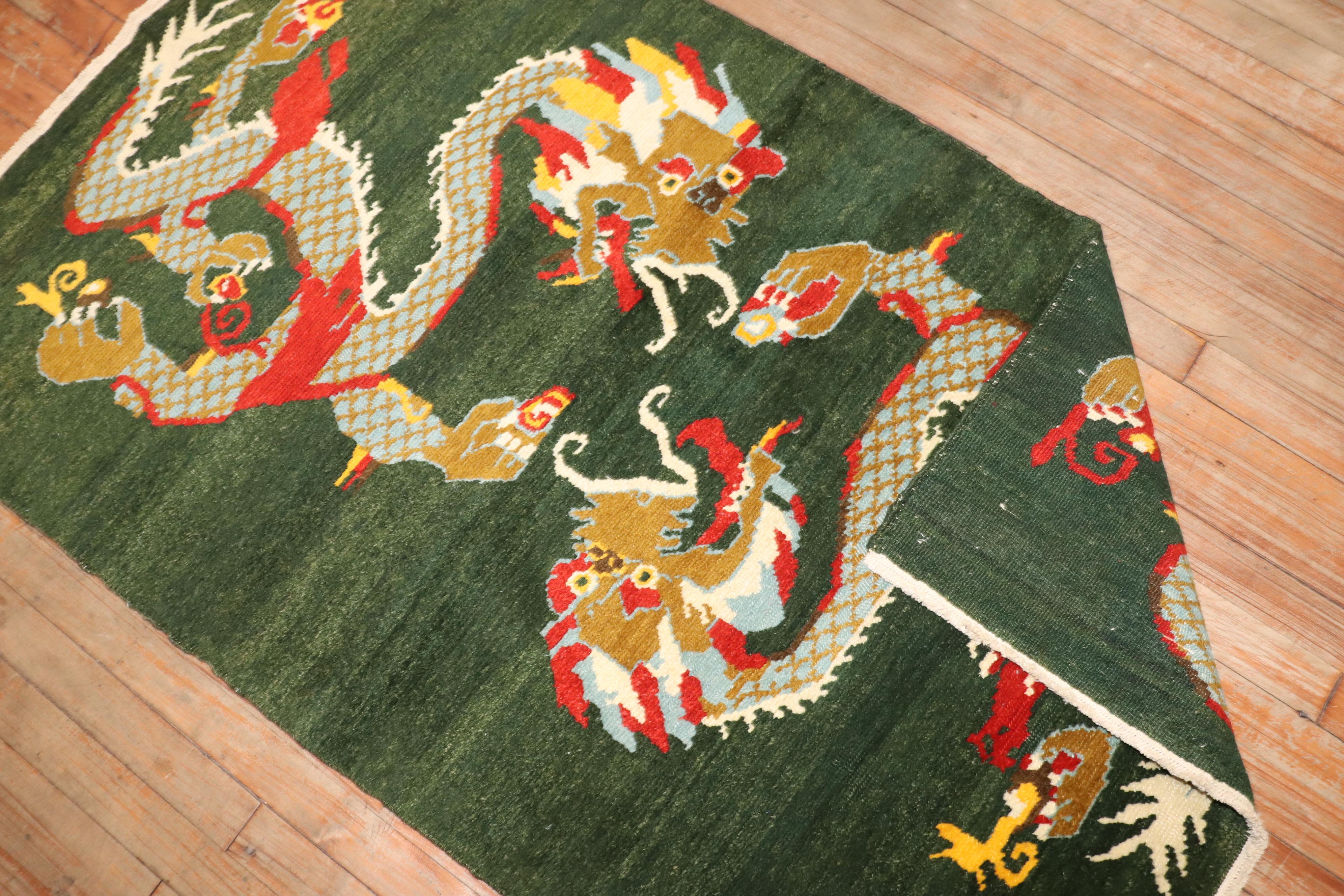 Hand-Woven Zabihi Collection Green Vintage Dragon Rug For Sale