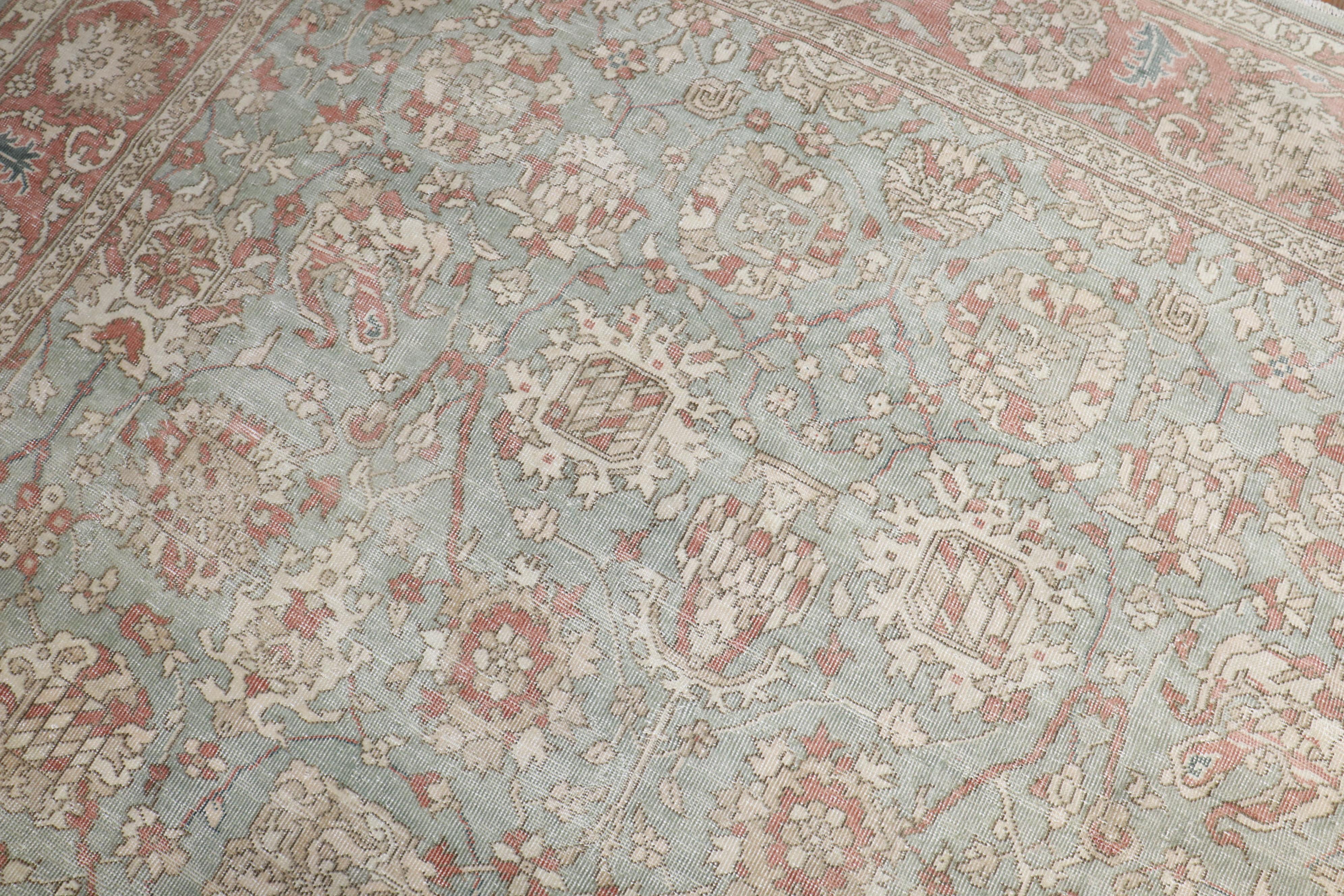 Wool Zabihi Collection Green Vintage Turkish Room Size Rug For Sale