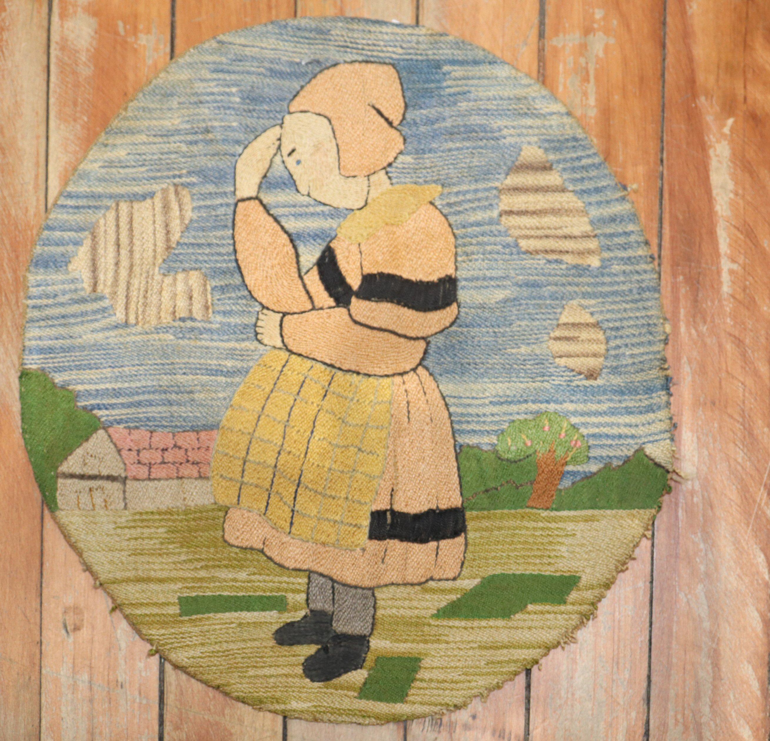 Country Zabihi Collection Grenfell Hooked Small Round Woman in Bonnet Rug For Sale