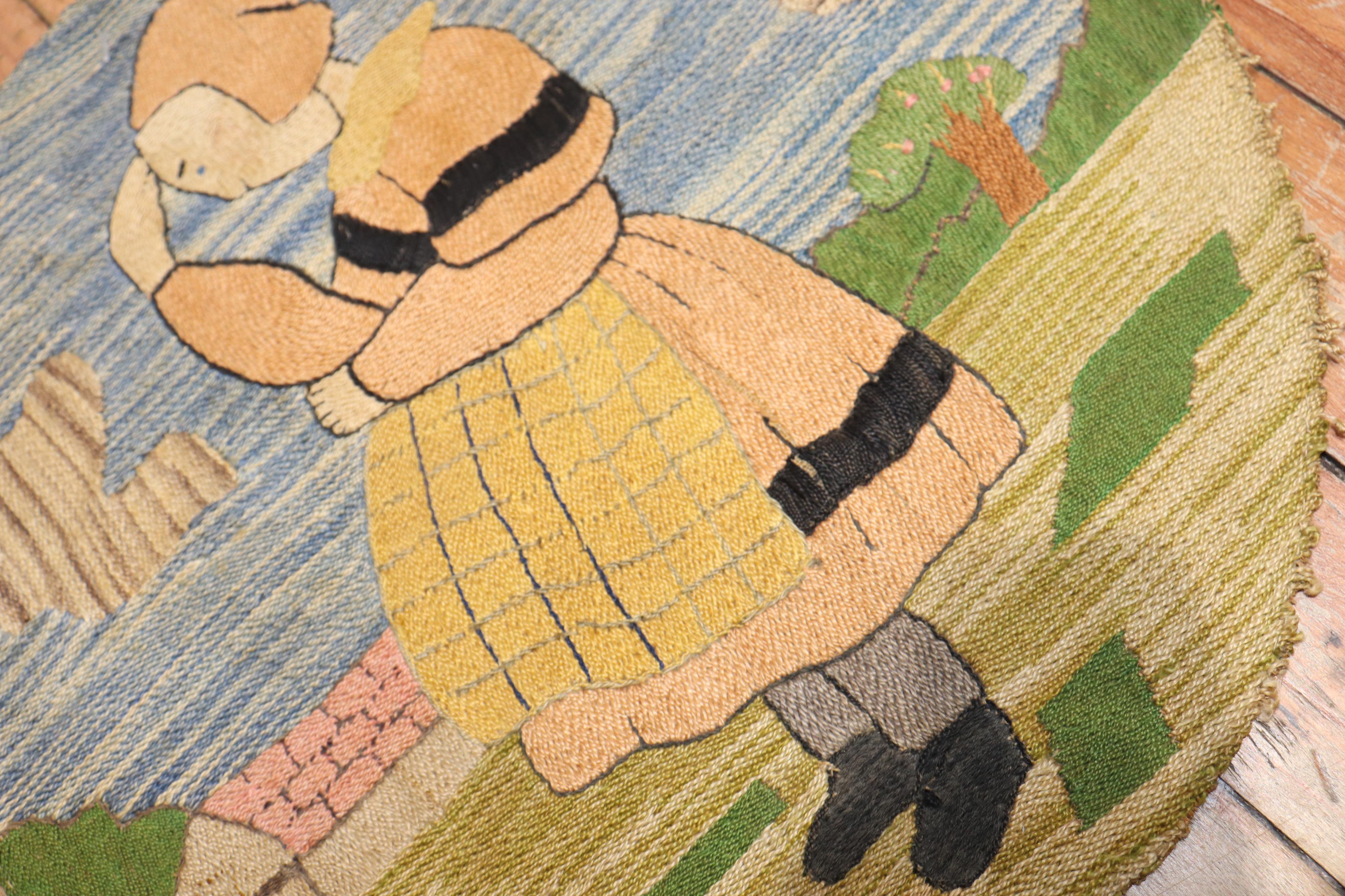 Canadian Zabihi Collection Grenfell Hooked Small Round Woman in Bonnet Rug For Sale