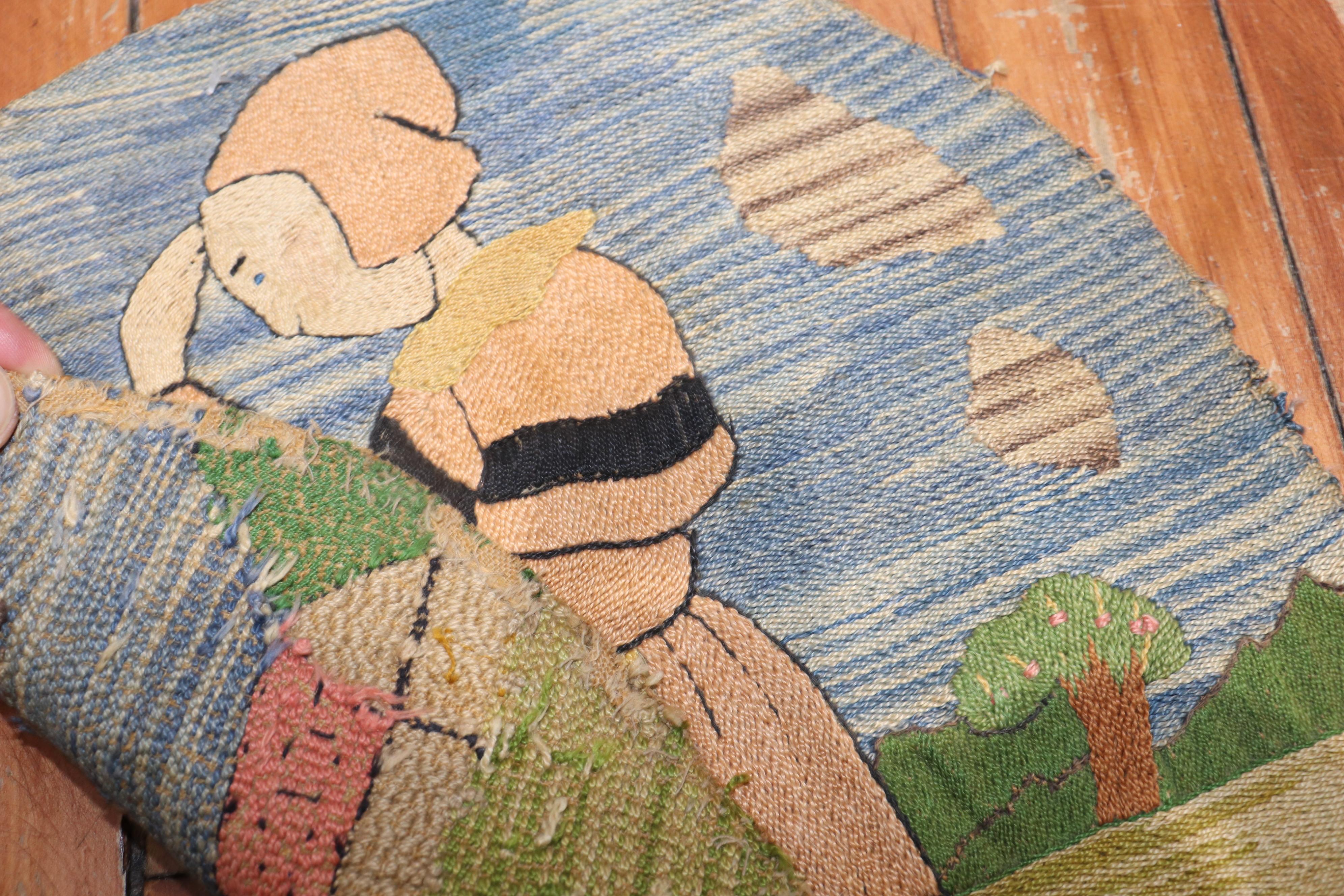 Hand-Knotted Zabihi Collection Grenfell Hooked Small Round Woman in Bonnet Rug For Sale